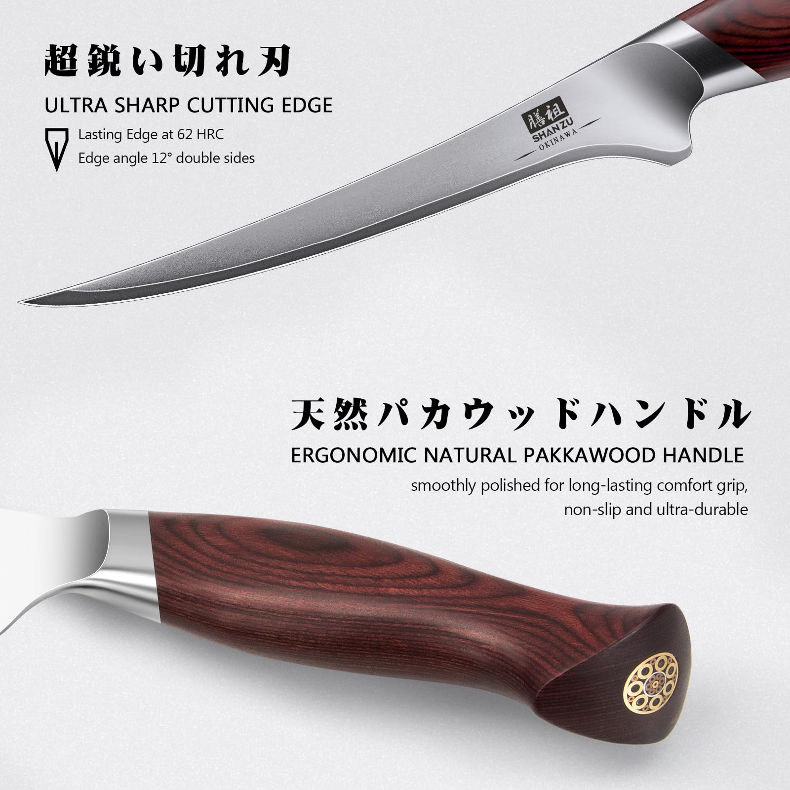 SHAN ZU Couteau à Filet de Poisson Professionnel - Couteau à Désosser Flexible 18 cm en Acier Japonais 10Cr15MoV (62 HRC) - Pour Filetage, Cuisine et Viande, Manche Pakkawood Ergonomique Antidérapant
