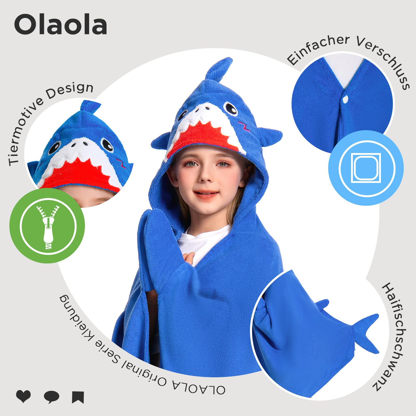 OLAOLA Badeponcho Kinder, Weich und Schnelltrocknendes Badetuch Poncho, Mikrofaser Handtuch mit Kapuze für Strand Schwimmen, Strandtuch für Mädchen Jungen 3-12 Jahre Alt (Hai)