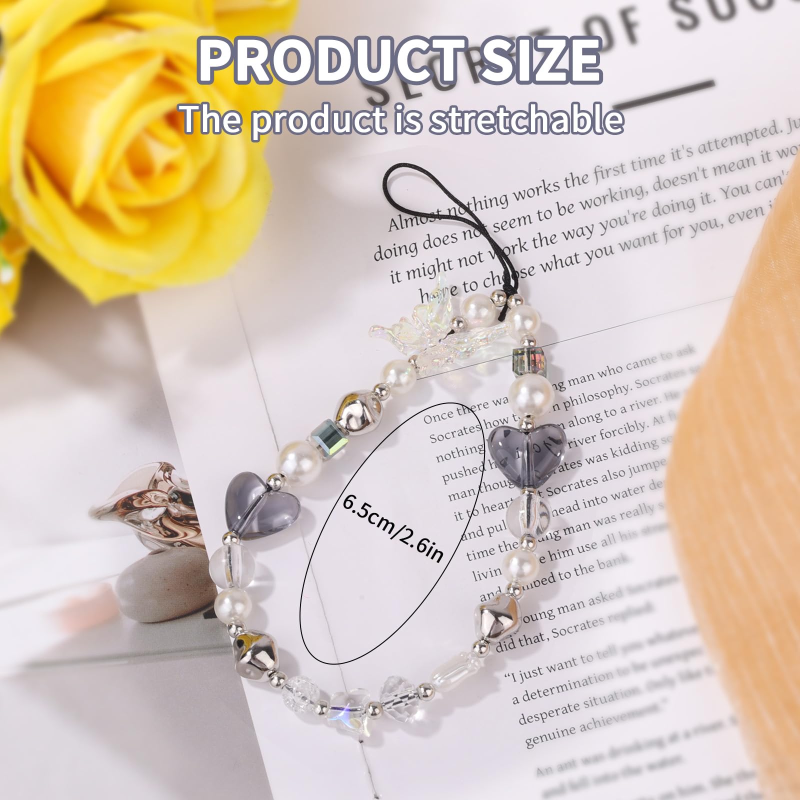 Gosknor Sangle de Téléphone à Perles, Joli Bracelet de Téléphone Portable Y2K en Forme de Cœur et de Papillon pour Portefeuilles Appareils Photo Porte-Clés Sacs à Dos Accessoires