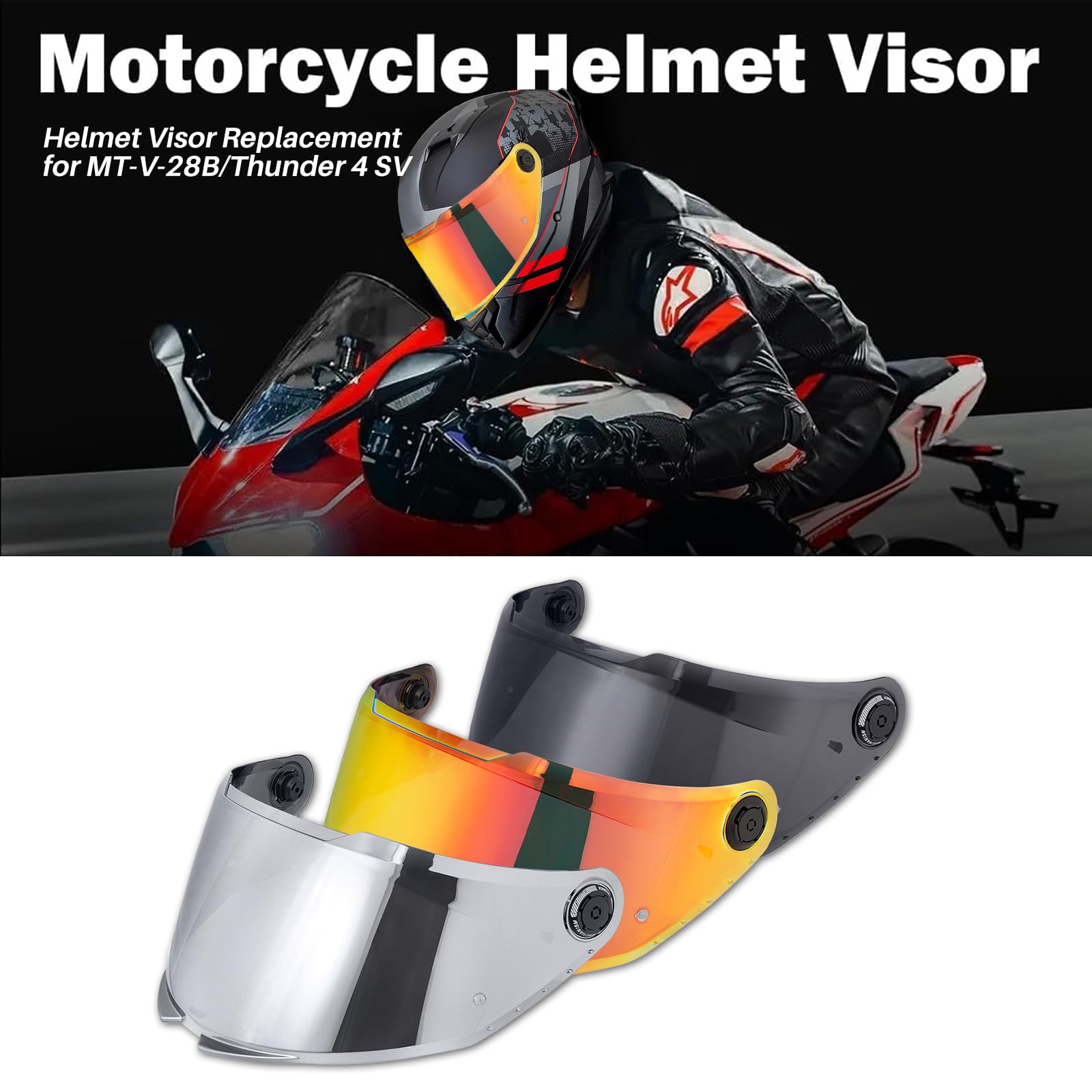 Visiera Casco,Protezione per Il Vento del Motociclo,Casco Parabrezza Moto Visiera a Lente Integrale per per MT-V-28B Thunder 4 SV,Accessori per Caschi da Moto (Cromo Argento)