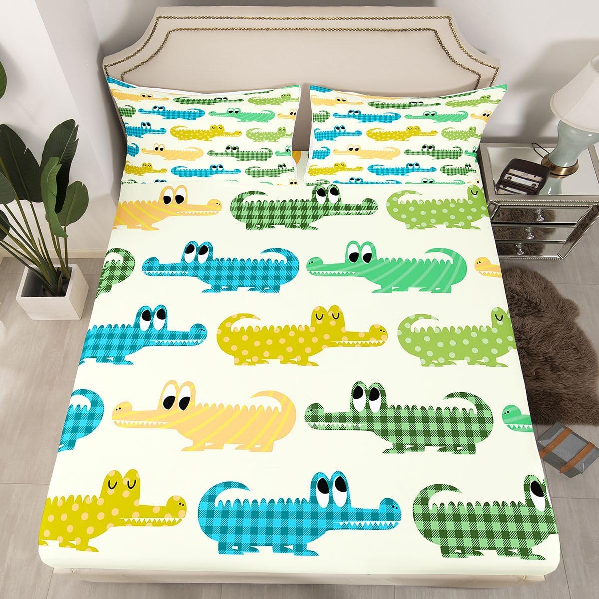Erosebridal Boys Crocodile Bedding Sets Full Size,Cute Cartoon Crocodile Bed Sheet Set Kids Colorful Animal Sheet Set Lovely Reptile Fitted Sheet + Flat Sheet + 2 Pillow Cases Children Bedroom Decor