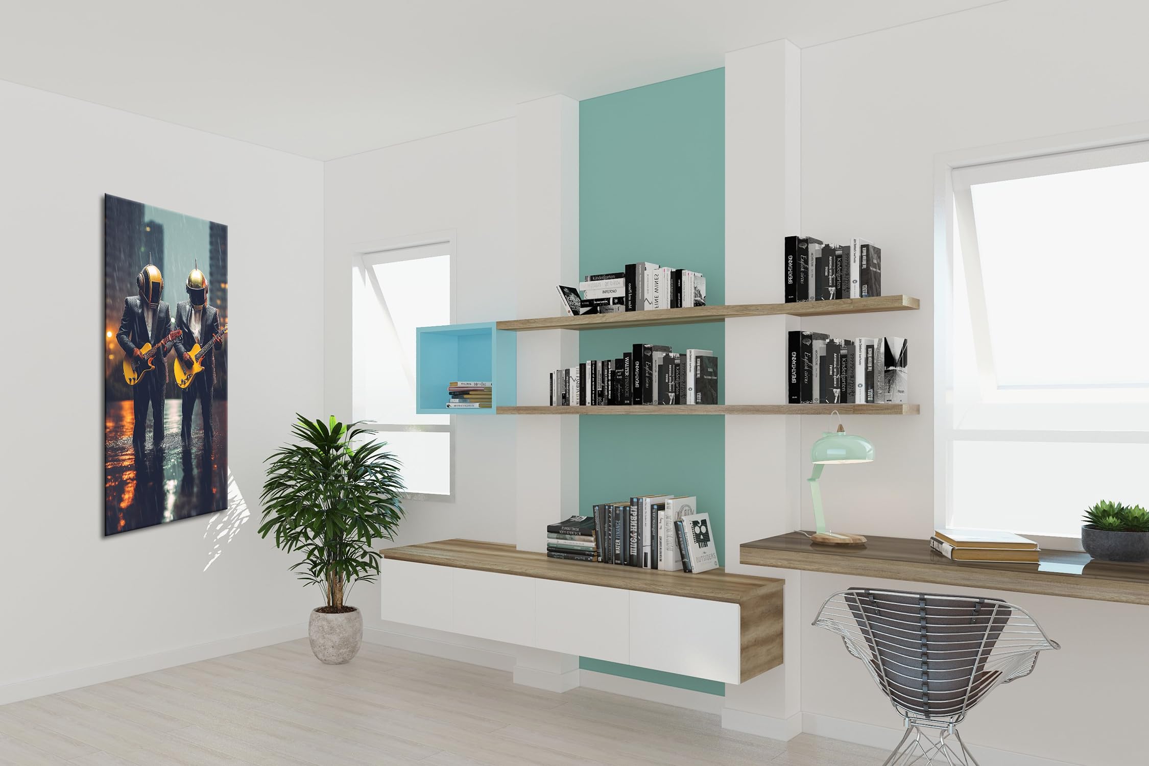 Musicisti futuristici – Eleganza ed elettronica sotto la pioggia Panorama 120 x 60 cm XXL Stampa artistica su cornice di legno/tela/parete parete decorazione soggiorno