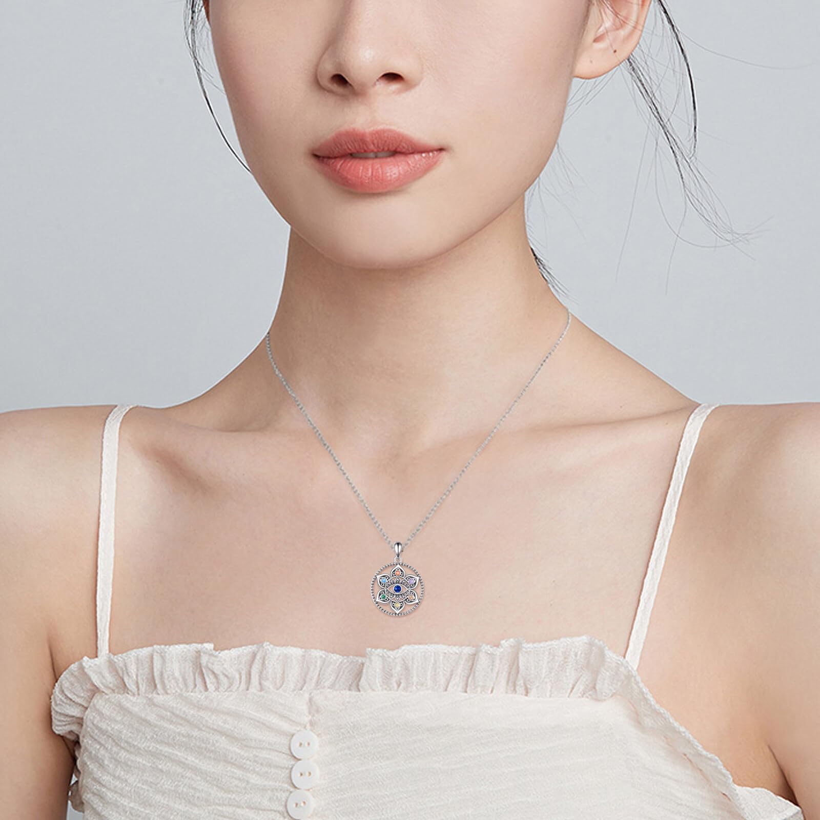 POPLYKE Lotus-Halsketten Damen 925 Sterlingsilber Chakra-Halskette mit bösem Blick Lotusblumen-Schmuck Geschenke für Sie