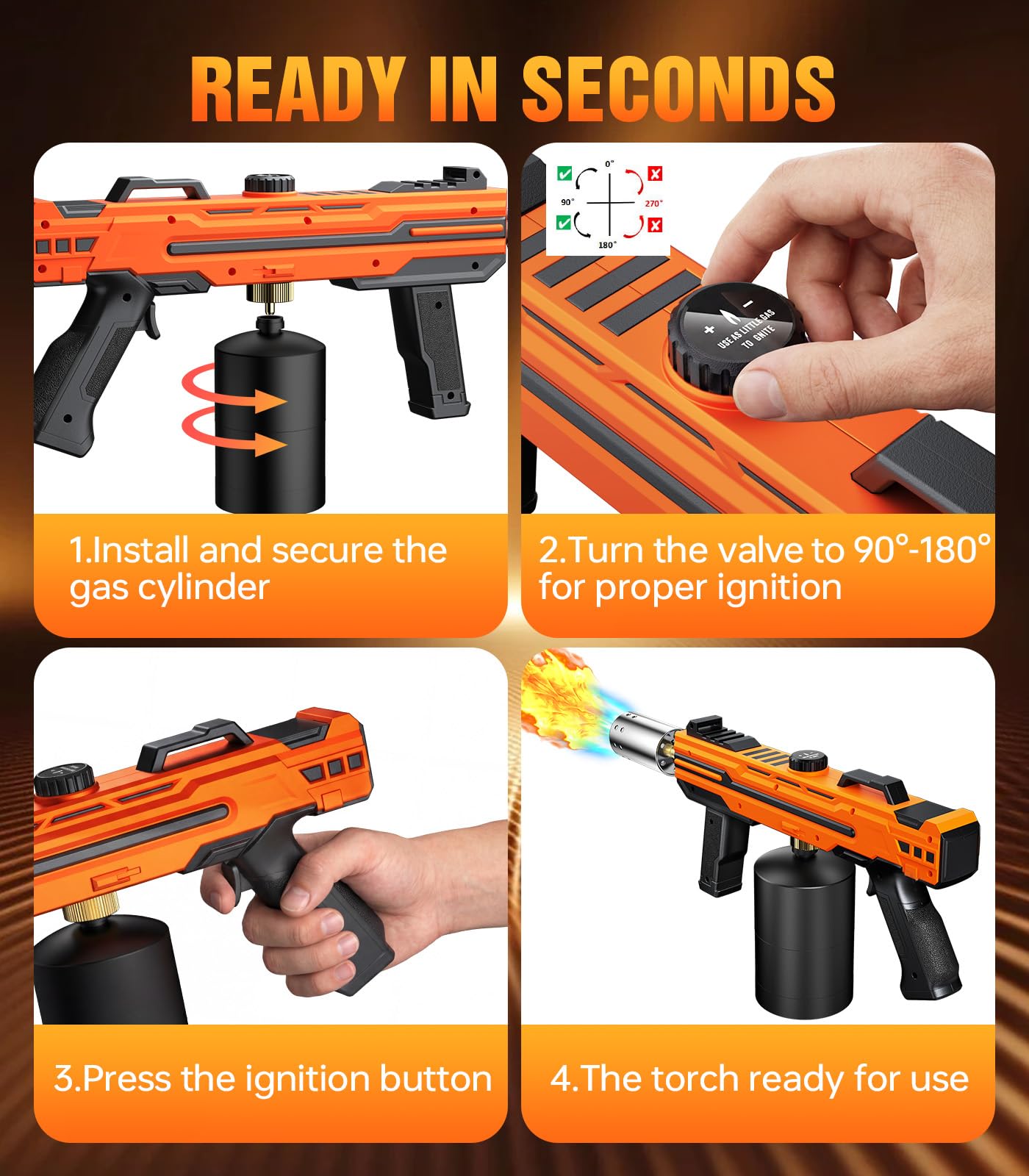 Powerful Propane Torch Gun, Flame Thrower Kitchen Torch Cooking with Adjustable Flame, Torche Propane Gun Butane Torch for Searing Steak, BBQ, Campfire, Fireplace (Tank Not Included)(Orange) - 5