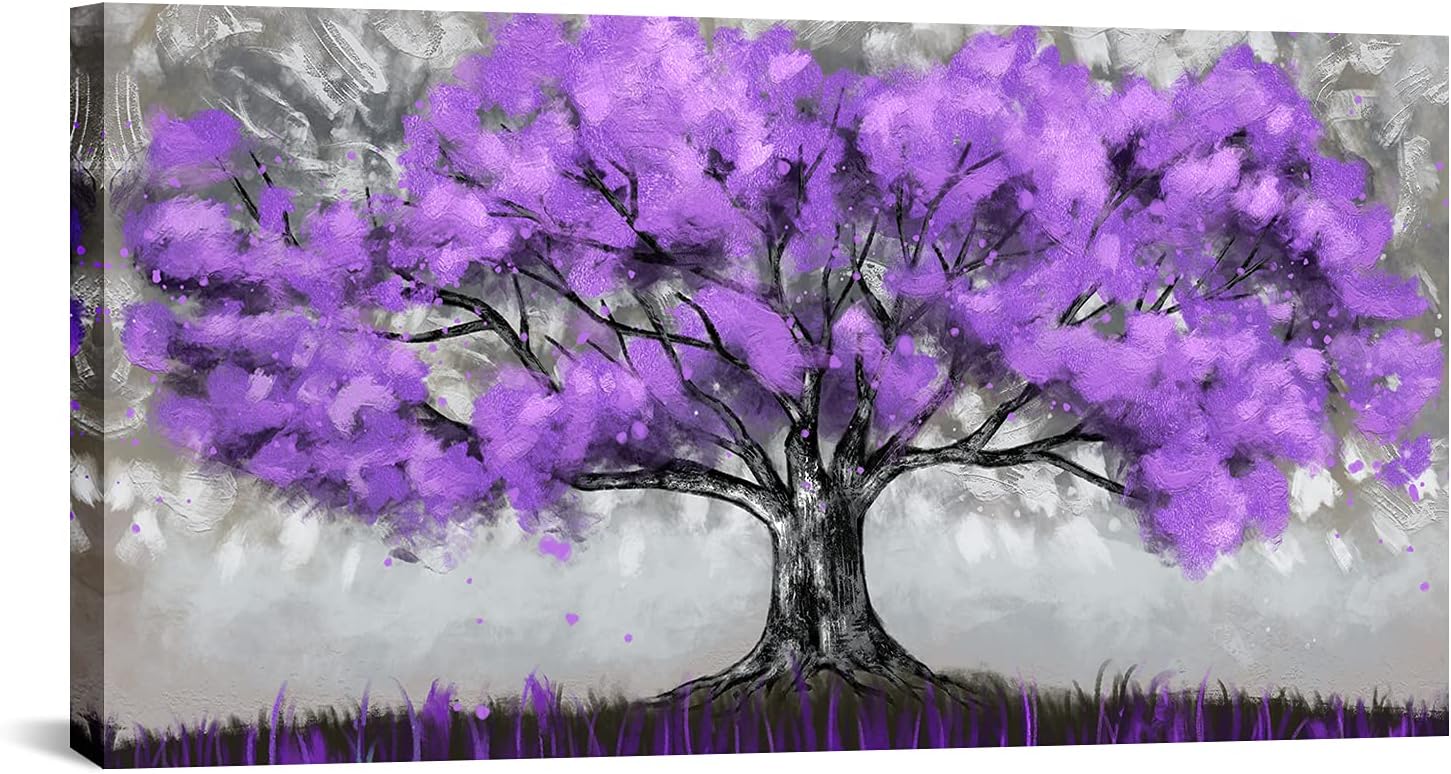 OuElegent Large Tree of life Painting Canvas Wall Art Purple Tree Print Artwork Picture Poster for Living Room Bedroom Home Office Wall Decor Framed Ready to Hang 24x48 Inch