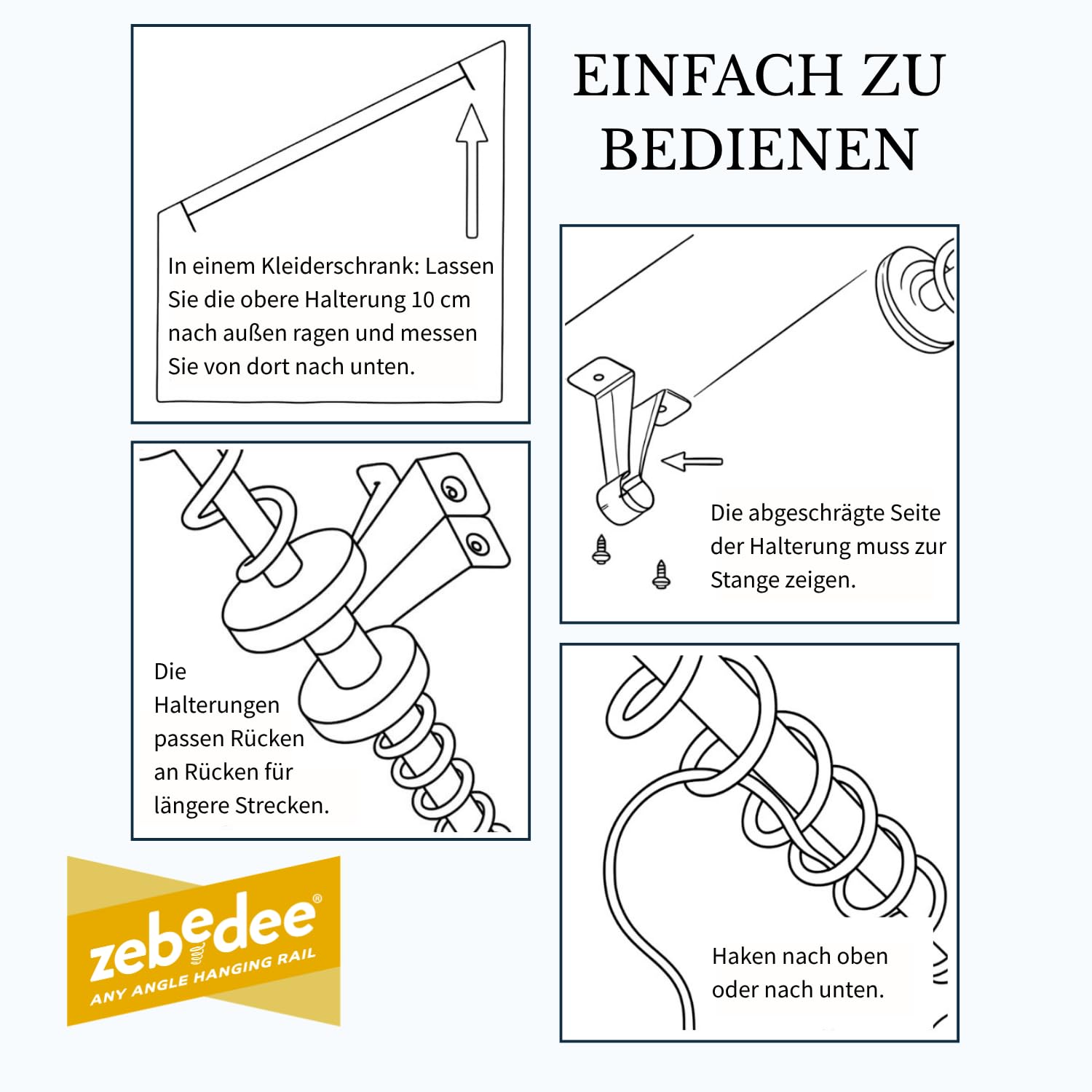 Zebedee Any Angle – Geneigte Kleiderstange für schräge Schlafzimmerschränke im Dachgeschoss, unter Dachvorsprüngen, schräge Dachdecken, Stauraum unter Treppen (700 mm)