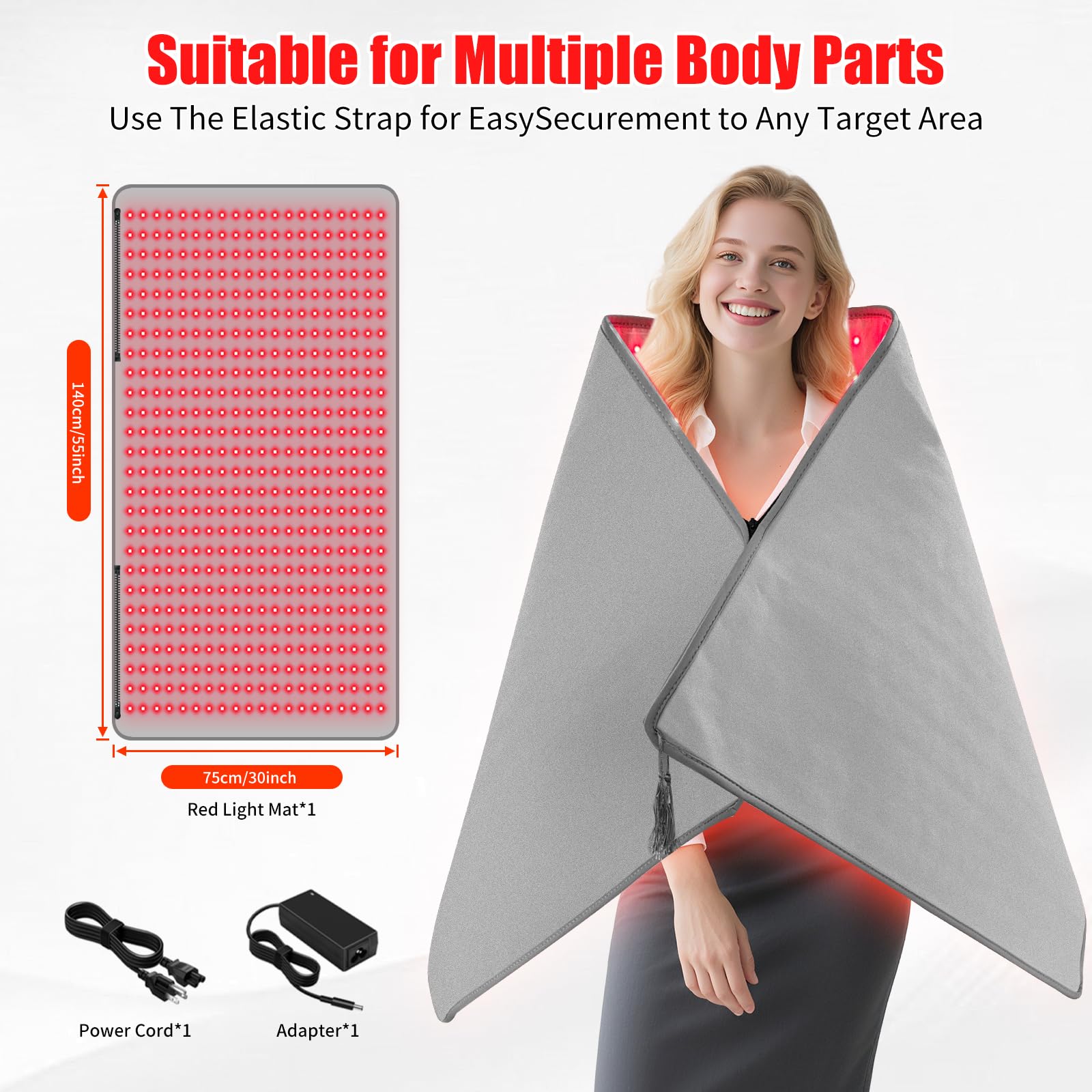 Tapete de luz roja para cuerpo de 57.1 x 29.5 pulgadas con 720 LED (1440 chips), almohadilla de luz infrarroja cercana de 660 nm y 850 nm, 3 modos, 5 niveles de brillo para espalda, cintura