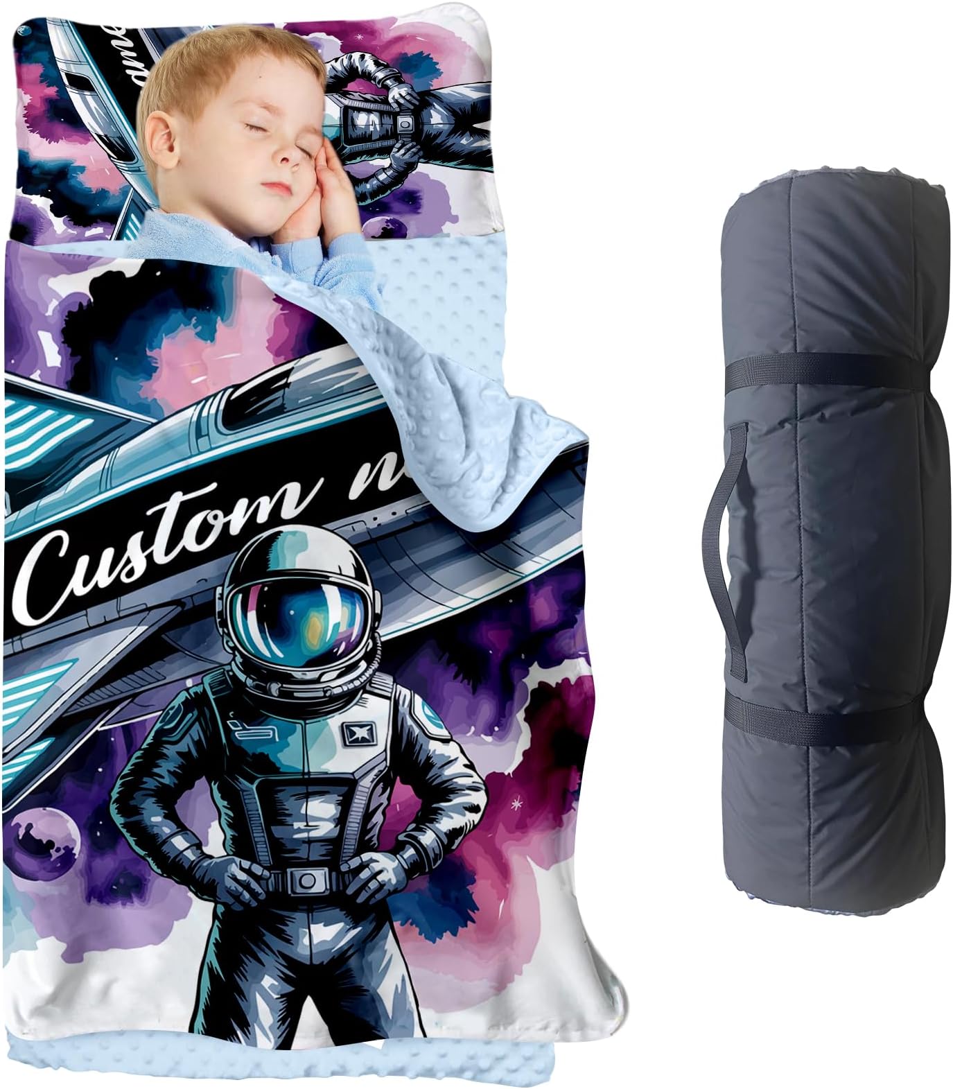 Personalized Toddler Nap Mat with Custom Name, Kids Astronaut & Rocket Sleeping Bag for Daycare and Preschool, Roll Up Nap Mat with Removable Pillow & Soft Minky Blanket, Space Theme Boys Bedding