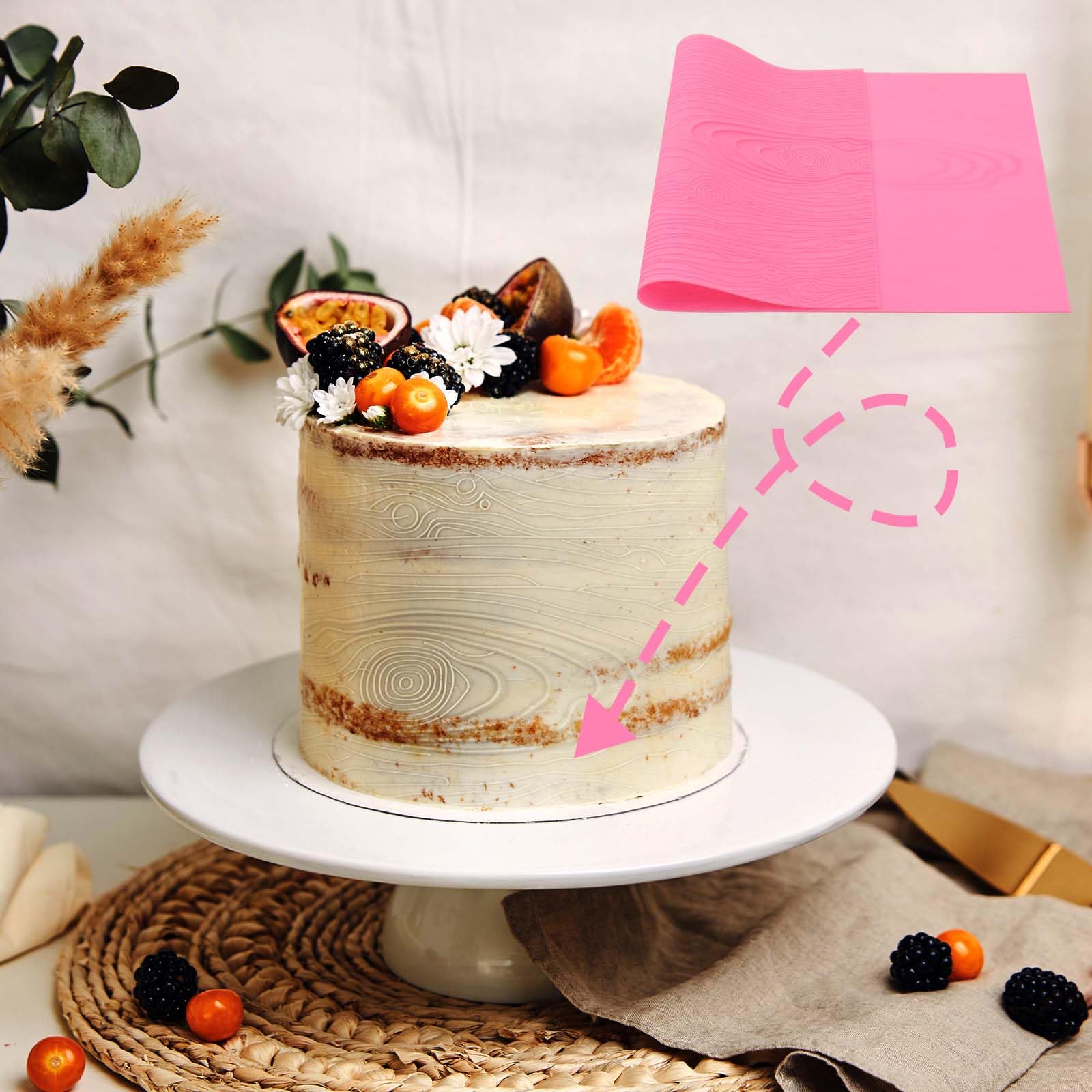 Hariendny Fondant Woodgrain Impression Mat Fondant Silicone Lace Mold Fondant Wood Texture Mat Silicone Cake Fondant Mat Fondant Embossed Craft Tools for Cakes Decorating(17 x 9 inches), Pink - Image 3