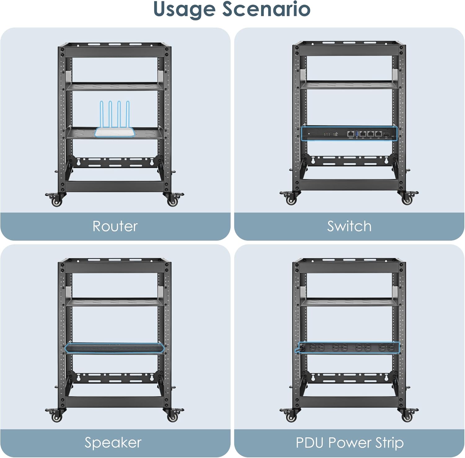 Four images showing different usage scenarios for the server rack: holding a router, a network switch, a speaker, and a PDU power strip.