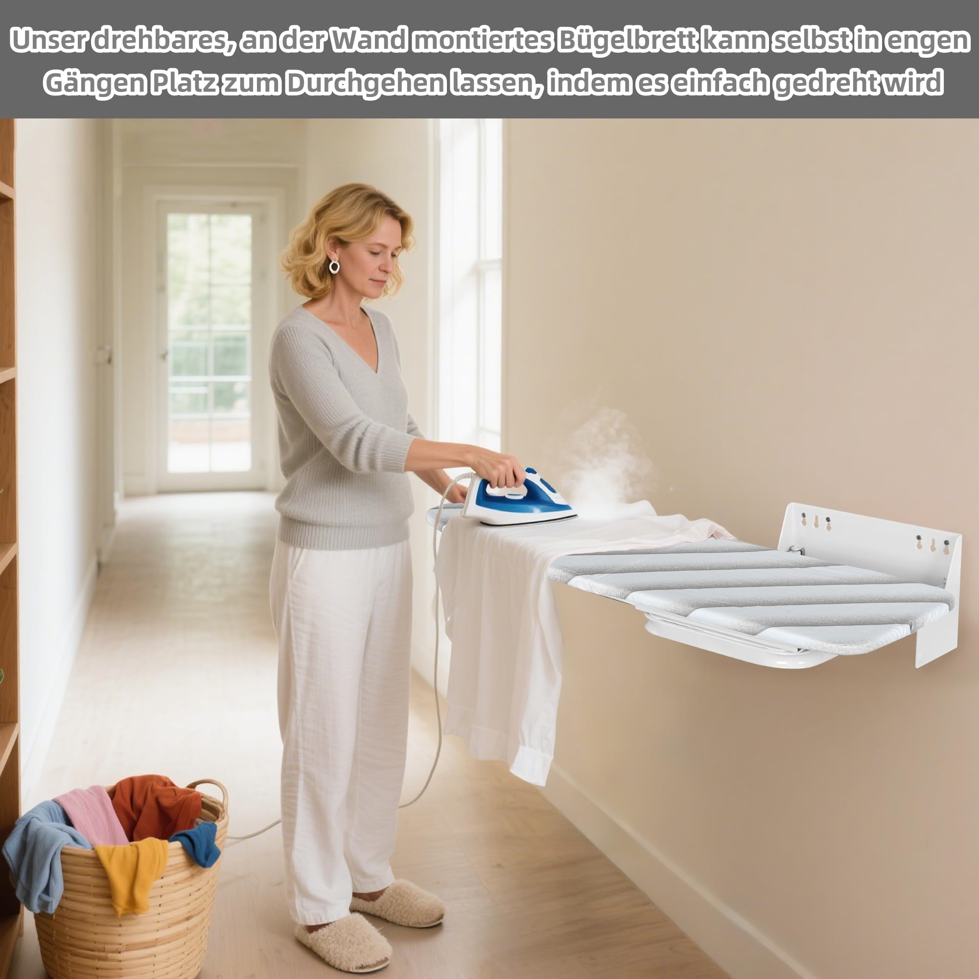 uyoyous Tabla de planchar plegable para montaje en pared, con cubierta resistente al calor, giratoria 180°, tabla de planchar de pared para ahorrar espacio, de primera clase (blanco)