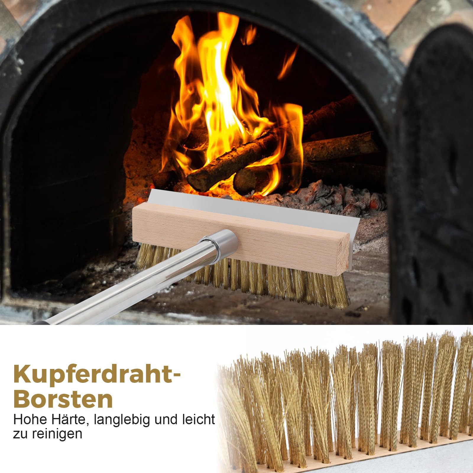Pizzaofen Bürste, Pizzastein Bürste mit Stahlschaber, Reinigung Pizzaofen,Holzbackofen, Räucherofen, Drahtbürste mit Messingborsten Gewellt
