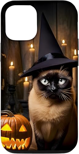 Funda para iPhone 13 Halloween, gato siamés, negro, amor, calabazas