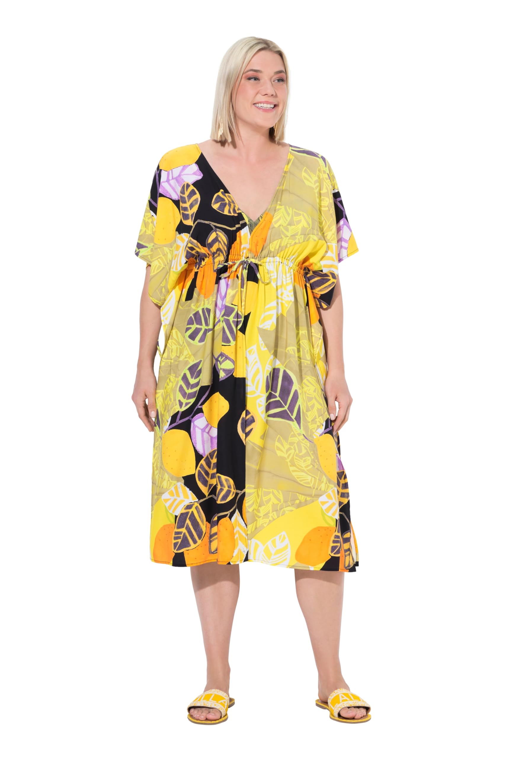 Ulla Popken Damen große Größen Übergrößen Plus Size Kaftan, Zitronen, Oversized, V-Ausschnitt, Halbarm 836973