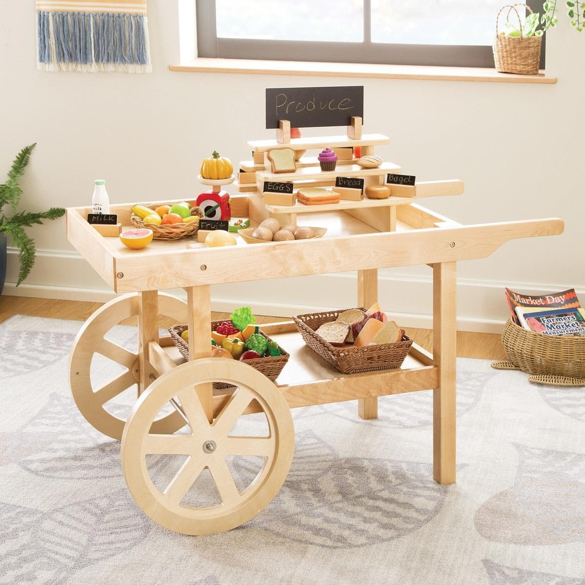 Kaplan Early Learning Wooden Market Cart - Dramatic Play for Toddlers - Authentically-Inspired Design with Real Rotating Wheels, Tiered Display, & Multiple Shelves for Pretend Play Food & Accessories