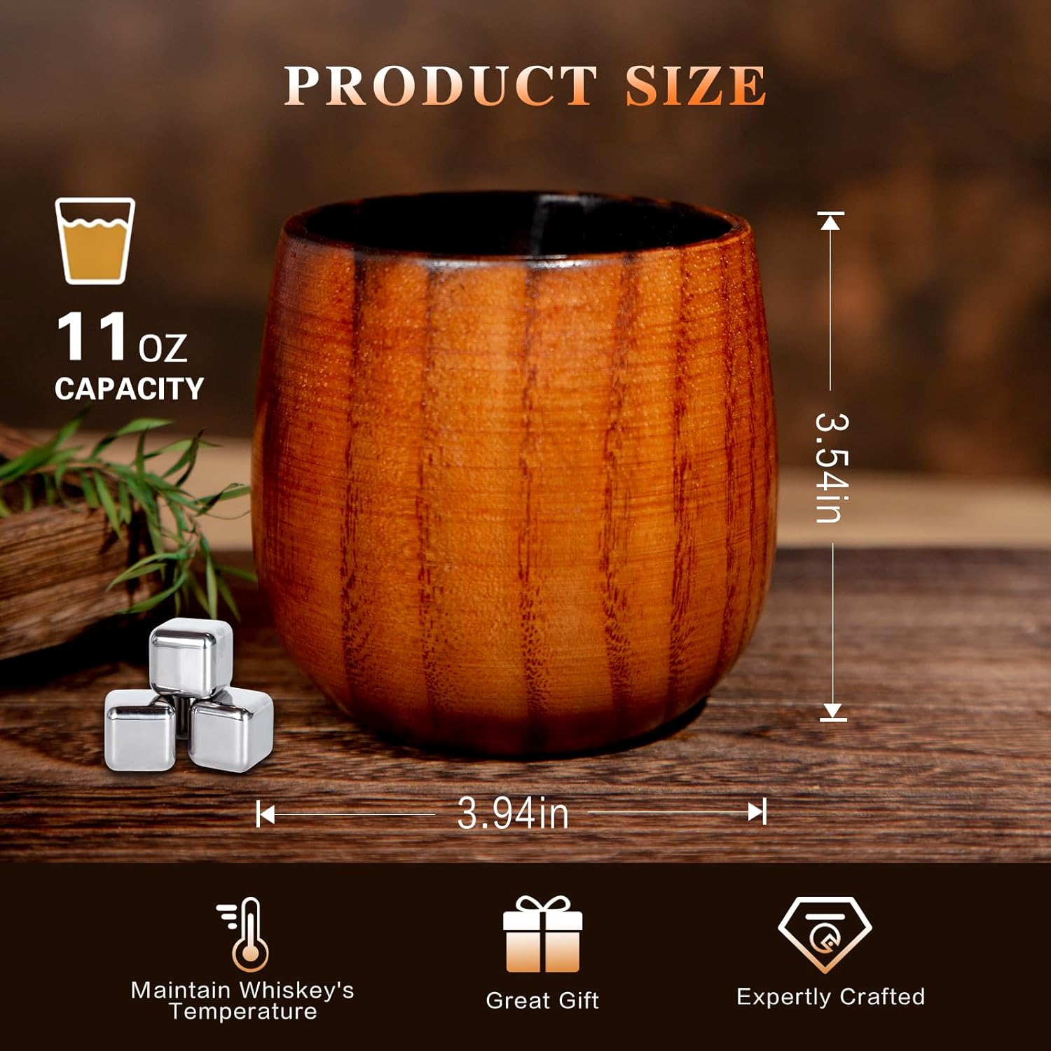 Charred Wooden Bourbon Drinking Glass 2 Pack, 11OZ Birthday Whiskey Glasses Gifts for Men, Dad, Wooden Old Fashioned Glass, Whiskey Tumbler