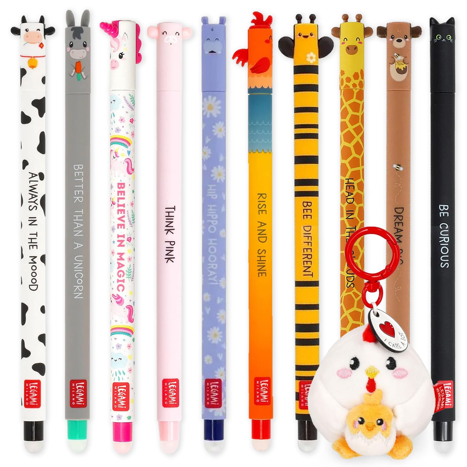 LEGAMI Stylo gel effaçable + porte-clés en peluche | Lot de 10 stylos avec encre effaçable thermosensible, gamme de couleurs d'encre, pointe de 0,7 mm | Motifs d'animaux mignons (poule)