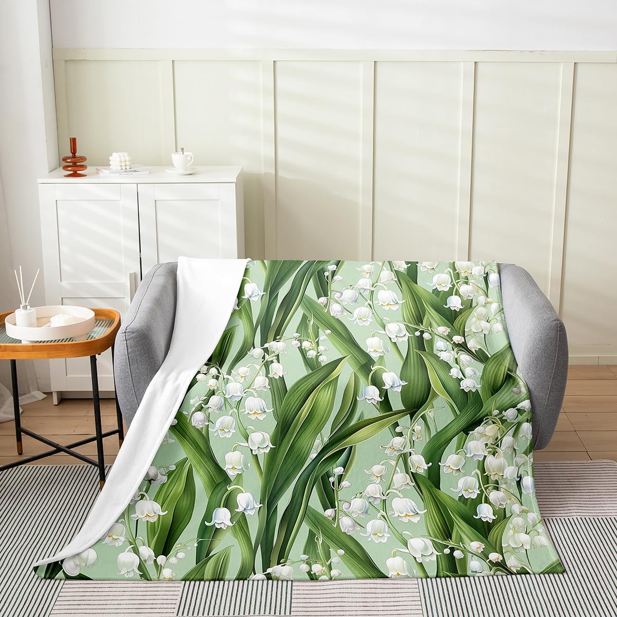 Leaves Flowers Flannel Blanket for Kids,Rustic Plants Botanical Fleece Throw Blanket for Bedroom Sofa Dorm Decor,White Lily Floral Bedding Set,Light Green Fuzzy Blankets Baby (30 x 40 Inch)