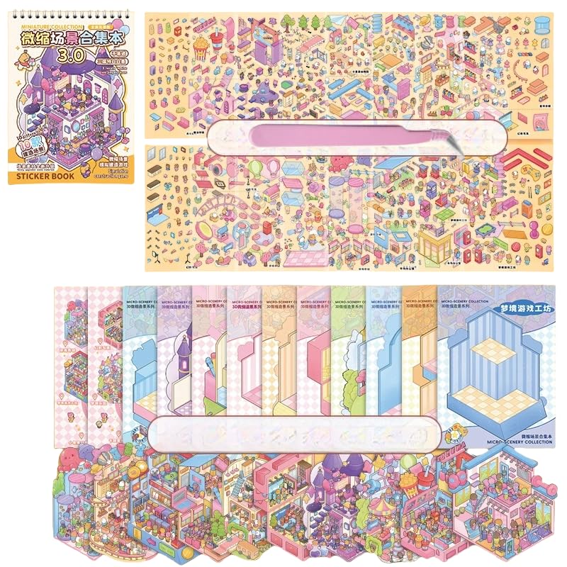 10 Sets Scene Sticker Book,3D Sticker Scenes for Adults Fun Mini Stickers Therapy 3D Scenes 3D House Stickers Set Relief Stress Pass The Time
