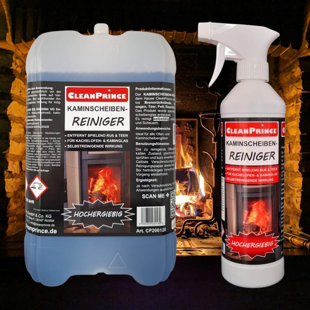 Kaminscheibenreiniger 5,5 Liter | Kaminscheiben-Reiniger Spray blau Kamin- und Ofenglas | 0,5 L Sprayflasche mit 5 L Nachfüllkanister