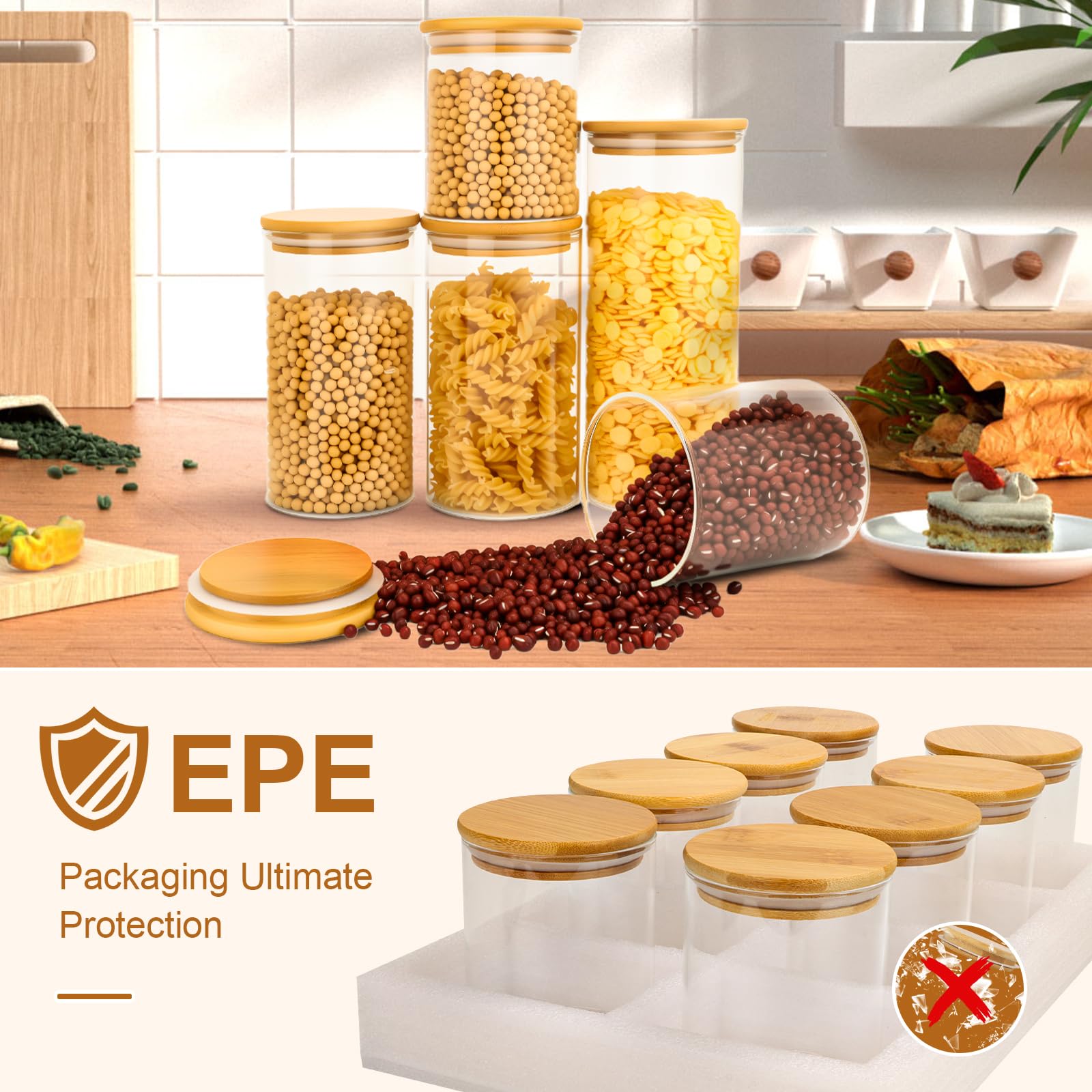 FoiiLiio Bocaux en verre de 500 ml Lot de 8 Bocal en verre avec Couvercle en Bambou Bocaux Rangement Cuisine en Verre, Pot en verre, Bocal en verre Hermétique pour Pâtes, Céréales, Haricots
