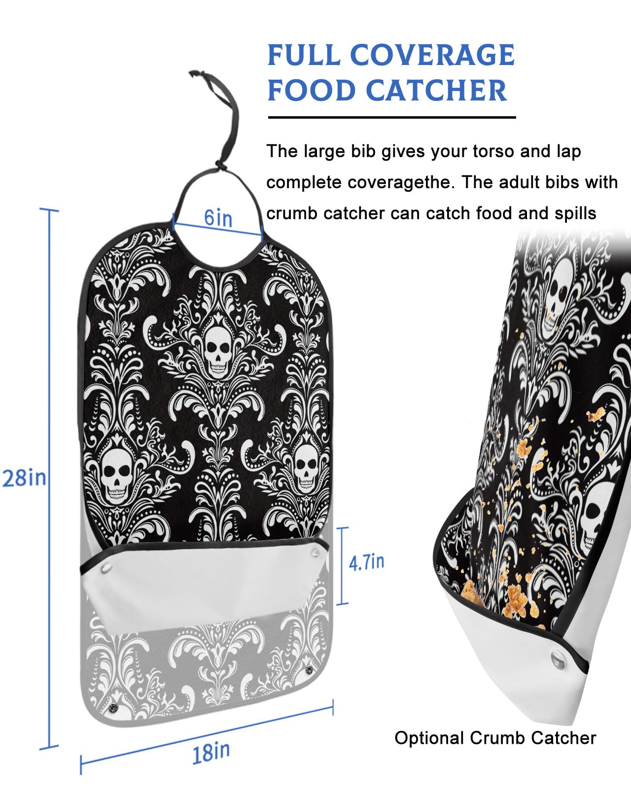 Halloween Adult Bibs for Eating, Waterproof Bibs with Food Catcher & Adjustable Snap Closure, White Skull Modern Abstract Art Black Washable Clothing Protectors Adult Bibs for Elderly Women/Men