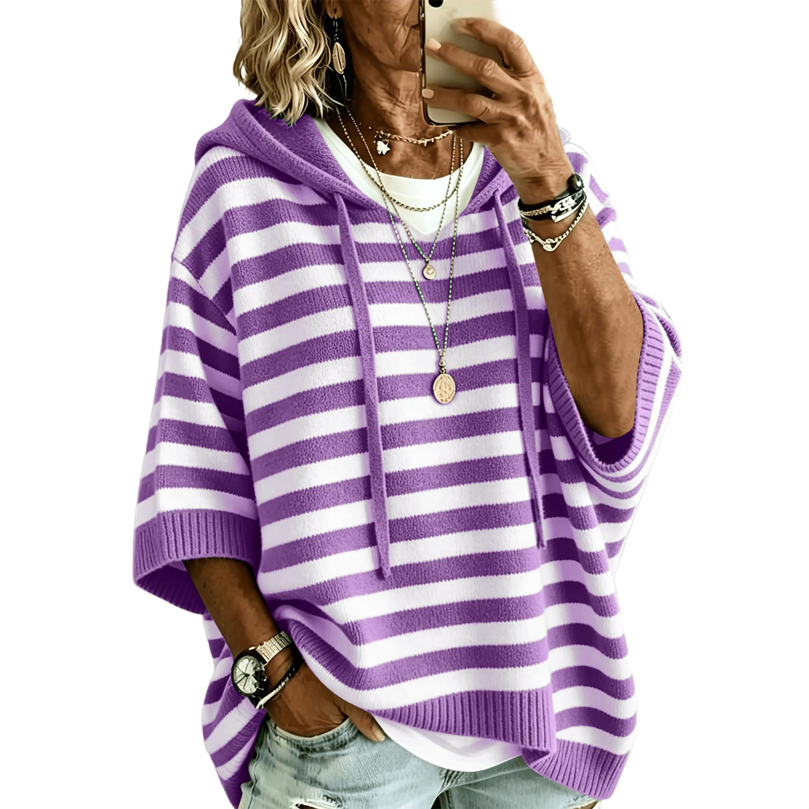 Pullover Damen 3/4 Arm Gestreiftes Strick Shirt Lose College Hoodie