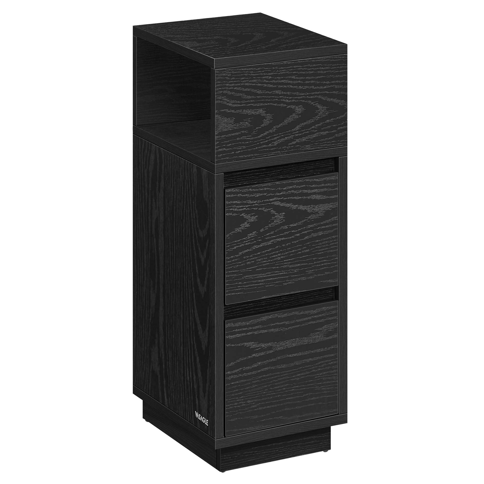 VASAGLE Mesita de Noche Estrecha, Mesa Auxiliar con 2 Cajones y Compartimento Abierto, Encajable a la Izquierda o a la Derecha, Dormitorio, Salón, Negro Ébano LET656B56