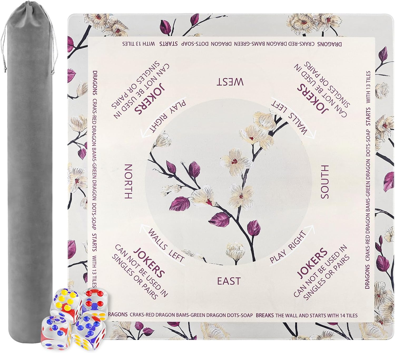 Light Yellow Mahjong Mat with Dice Peach Blossom American Mahjong Table Cloth with Rules Mats, Noise Reduction Anti-Slip Game Mat 33 inch for Mahjong, Poker, Board Games, Card Games, Dominoes
