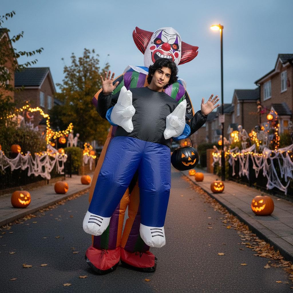 A2Z 4 Kids Nadmuchiwany kostium klauna na Halloween, zabawny, fantazyjny strój, cyrkowy, wielokolorowy, wysadzany kostiumem na Halloween, imprezy, imprezy szkolne i cosplay, dla dzieci, jeden rozmiar