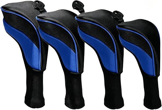 Golf Club Head Covers Set 4 Pcs for Fairway Woods, Driver, and Hybrids - Long Neck Mesh Design with Interchangeable 3/4/5/6/7/X Number Tags - Golf Accessories for Men and Women