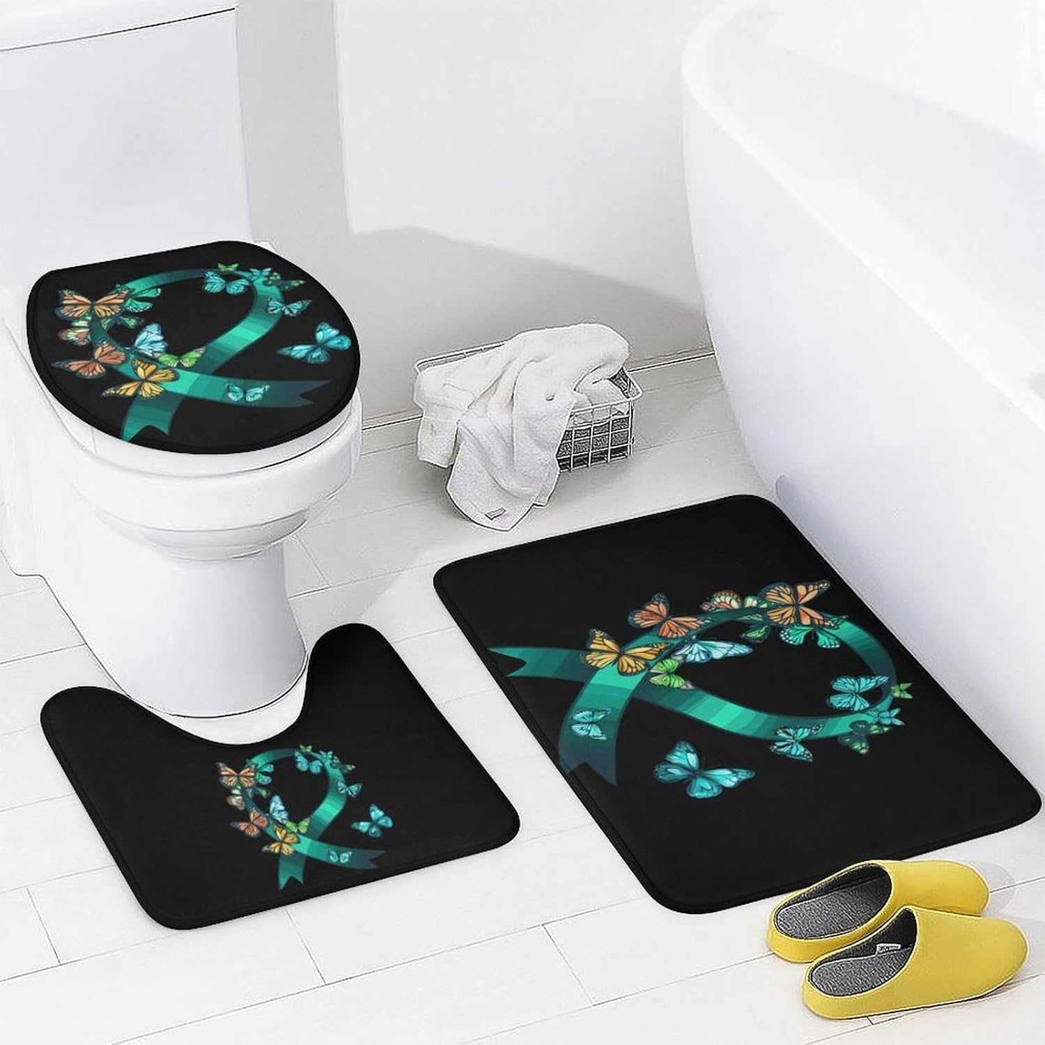 Ovarian Cancer Awarenes Butterflies Bathroom Set with Shower Curtain Rugs Toilet Lid Cover and Floor Mats 4 Piece