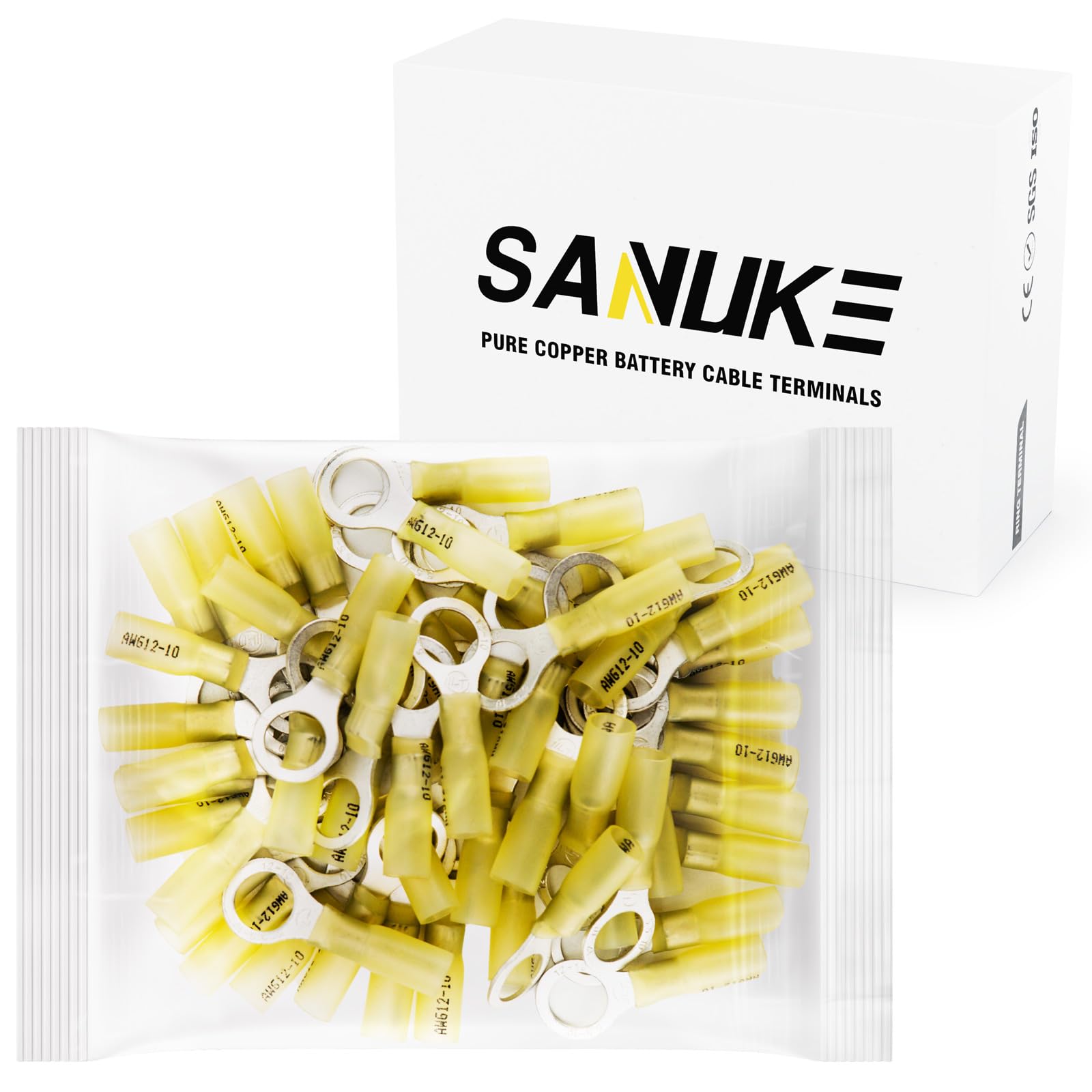 Sanuke 55Pcs 12-10 AWG - 3/8" Heat Shrink Ring Terminals 1.0mm Tinned Pure-Copper Marine Grade Waterproof Heat Shrink Wire Connectors Yellow