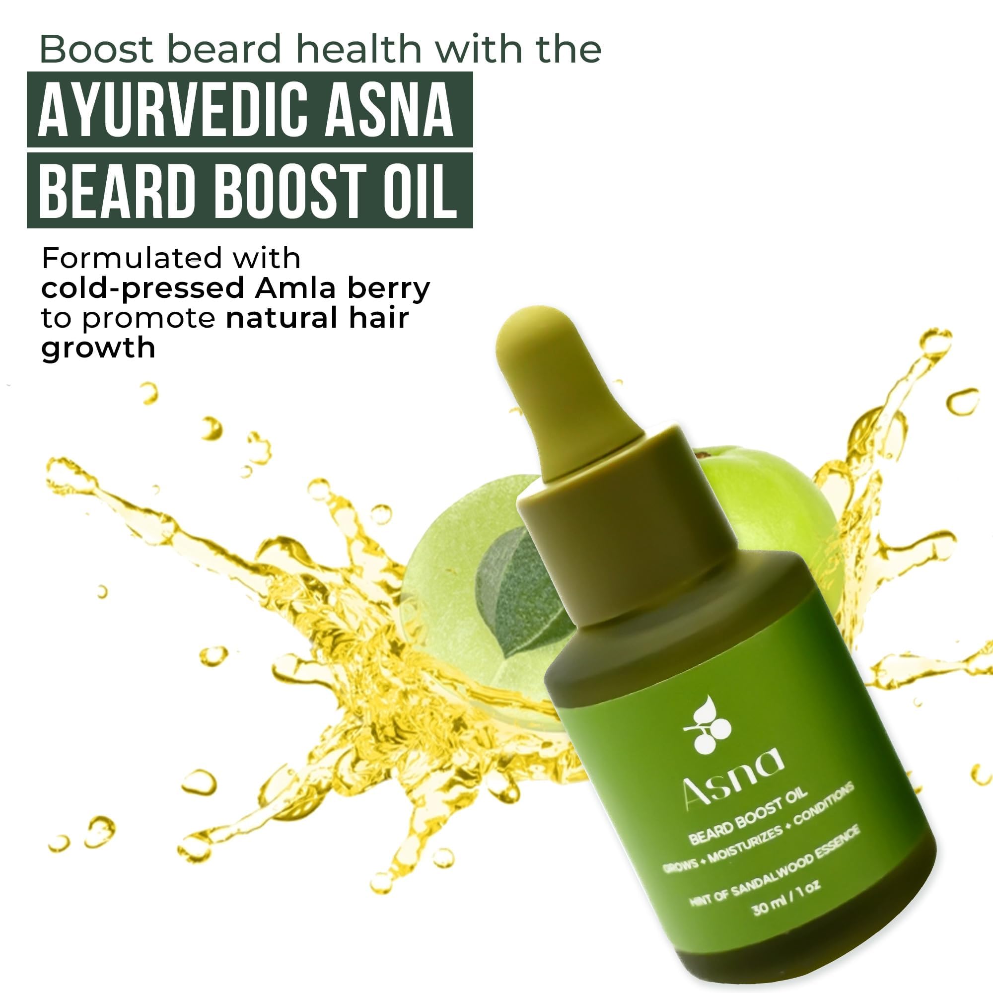 Asna Beard Boost Oil - Cold-Pressed, All Hair Types, Stimulates Growth, Nourishing & Moisturizing, Ayurvedic with Vitamin C & Antioxidants for Softer, Fuller Beard