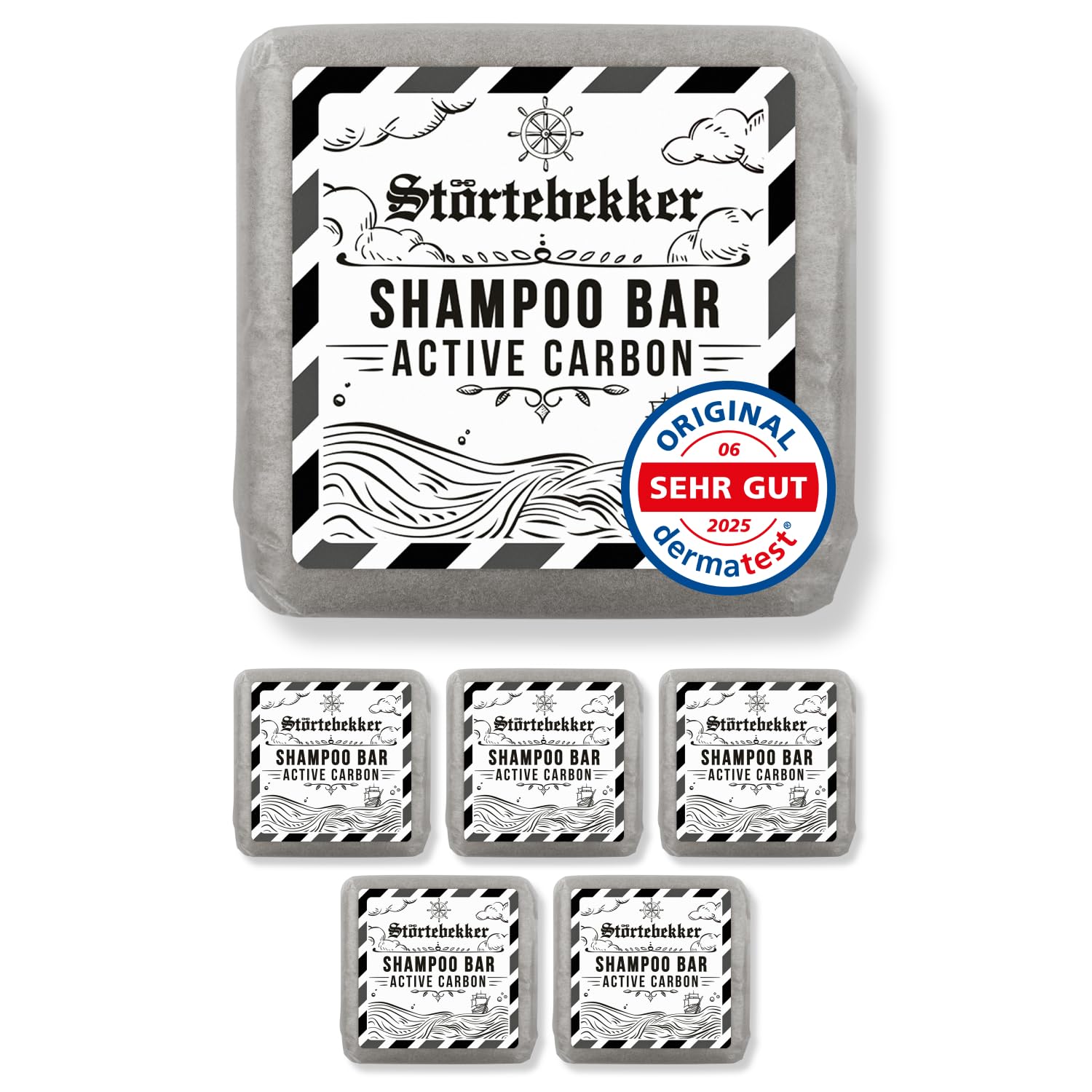 Störtebekker® Champú Premium Bar Active Carbon (6 unidades) | Champú sólido para hombre y mujer con carbón activo | Jabón de ducha 3 en 1 para hombres | Cuidado intensivo para el cabello y el cuero