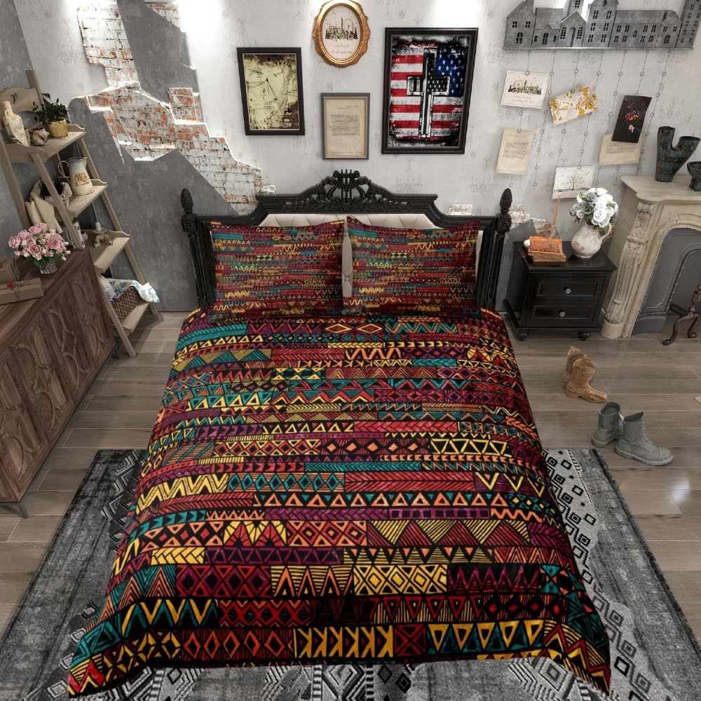 Boho Stripe Bedding Set Bohemian Style Comforter Cover for Kids Adult Exotic Geometric Pattern Duvet Cover Colorful Tribal Design Bedspread Cover Room Decor 3Pcs With 2 Pillow Case King Size