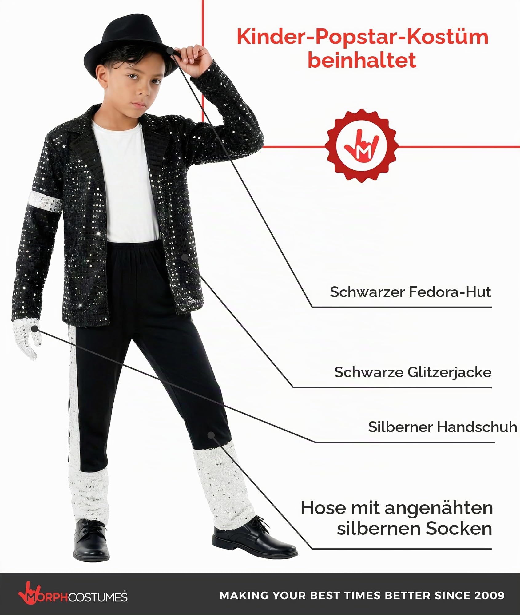 Morph Popstar Kostüm Kinder, 80er Jahre Halloween Kostüm Kinder