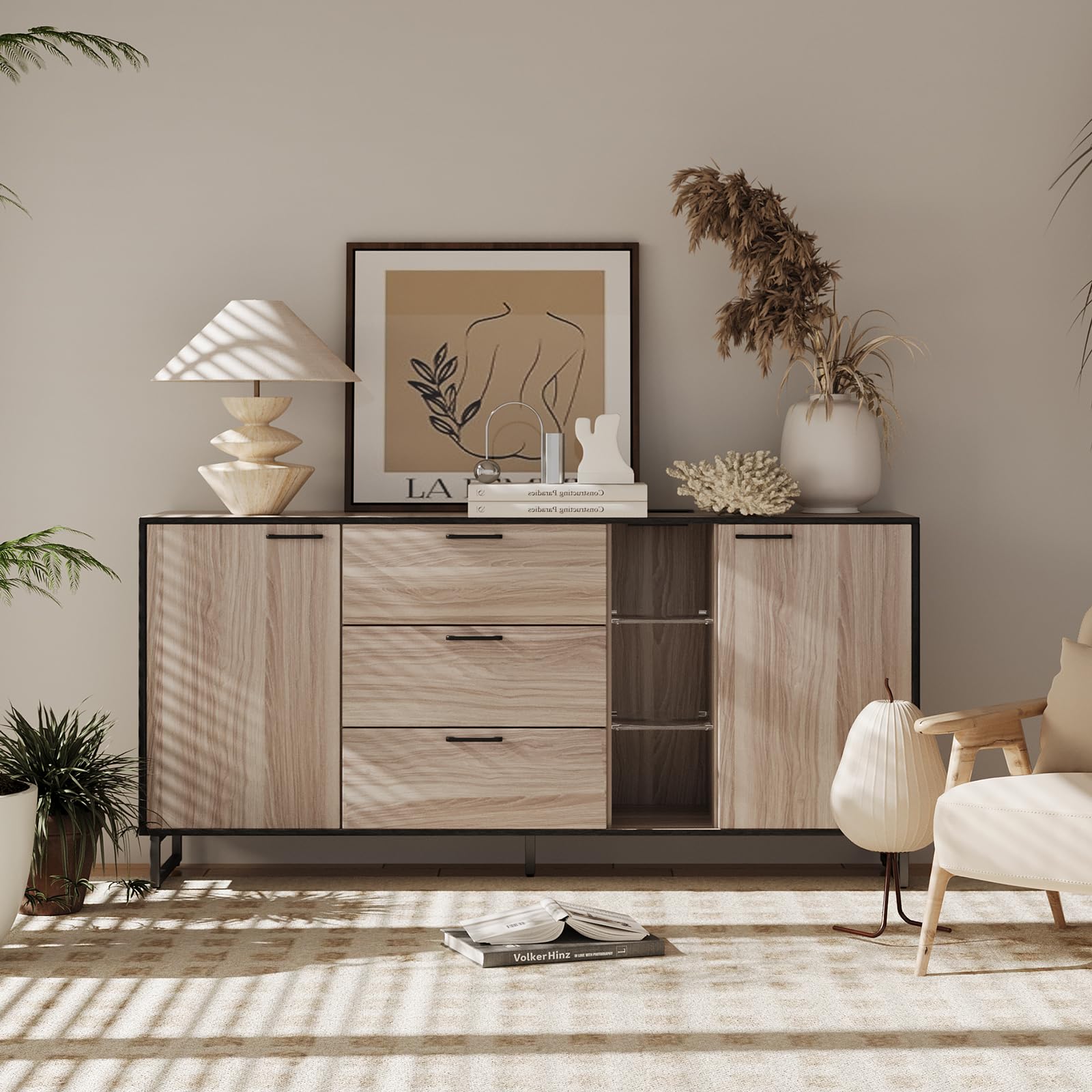 KIMOLST Buffet Cabinet with 3 Drawers, Modern Kitchen Buffet Sideboard with Adjustable Shelves,Charge Ports& LED Light, TV Stand Coffee Bar Furniture