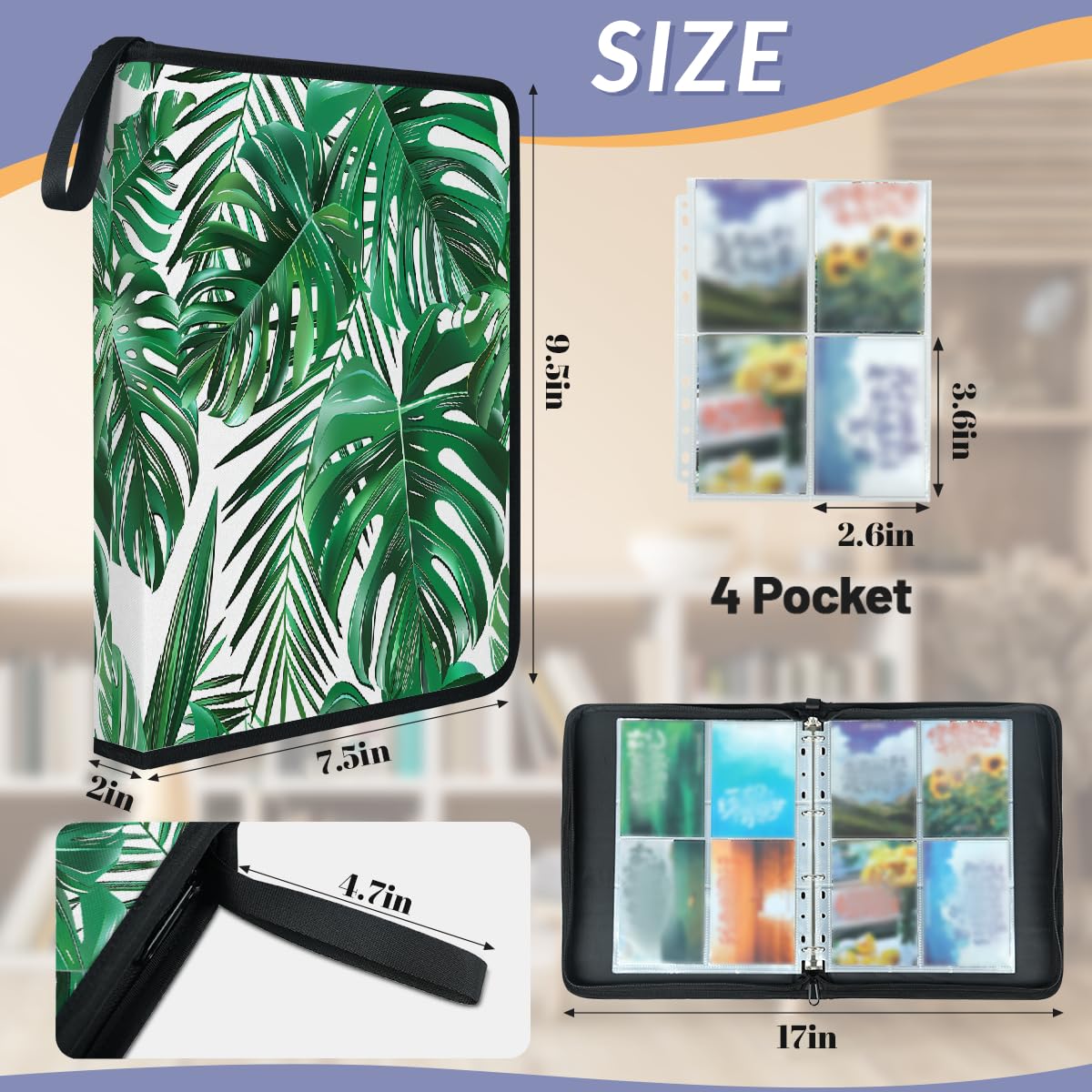 Carpeta para tarjetas de intercambio, 4 bolsillos, hojas de palmera tropical, carpeta para tarjetas, álbum de tarjetas de hojas de selva con fundas extraíbles, libro de tarjetas impermeable con