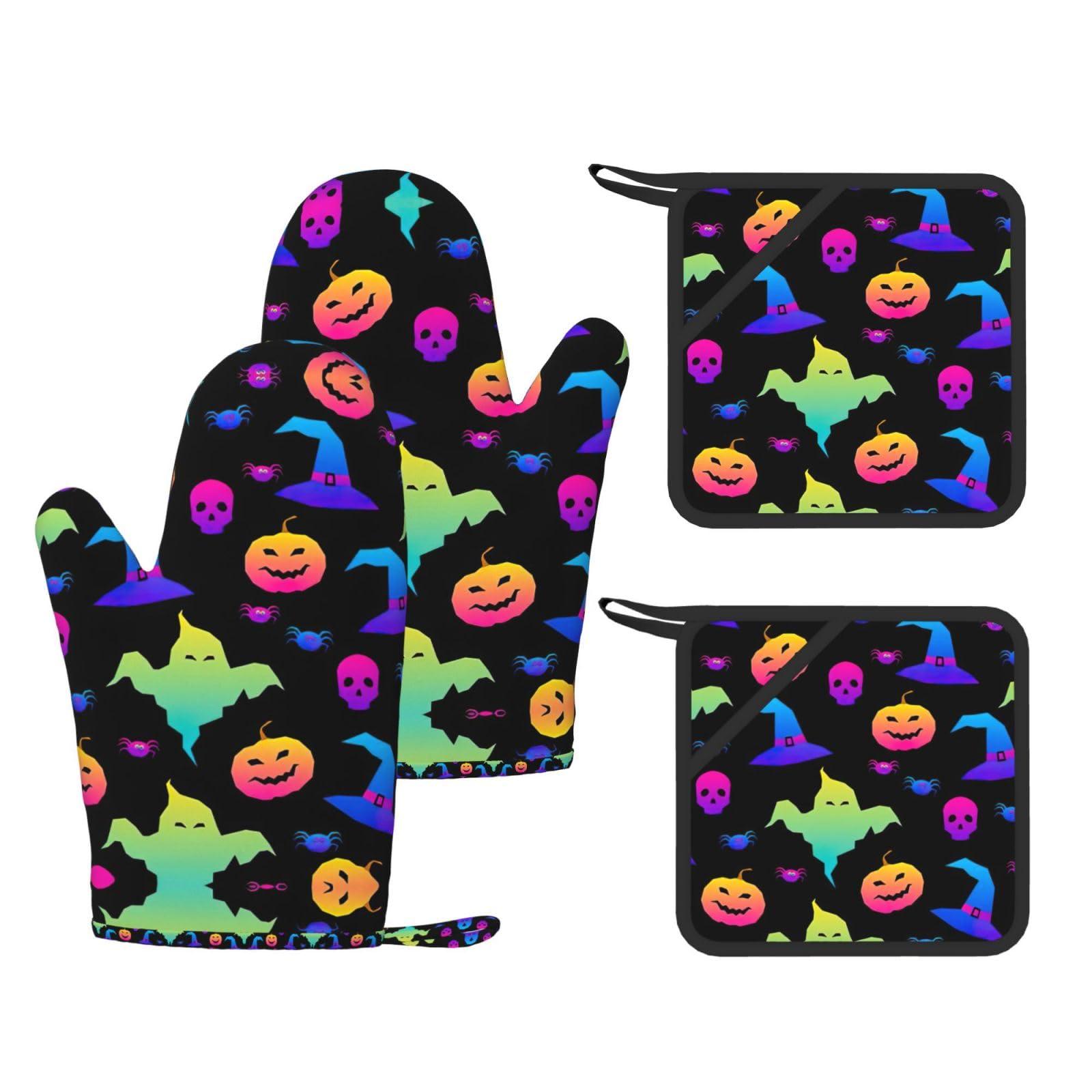 Eeprty Black Rainbow Halloween Ghost Witch Hat Spiders Printed Kitchen Oven Gloves And Potholder 4 Pcs, Non-Slip Heat Resistant Mitts For Baking Chef