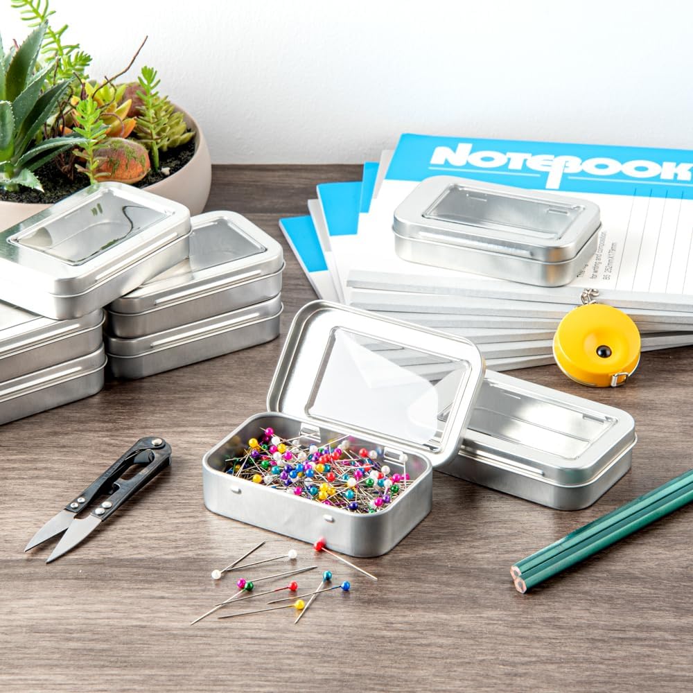 Restaurantware-RW Base 4.5 Ounce Rectangular Tin Containers, 100 Durable Tin Boxes With Lids - Clear Window Lids, Rounded Edges, Silver Storage Containers, Customizable, Fits Mints, Or Pills