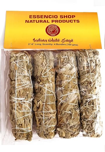 ESSENCIO SHOP Indian White Sage 4 Bundles Smudging Sticks (6 Inches) - 4 Pieces of 28-33 Grams Each Removes Negativity