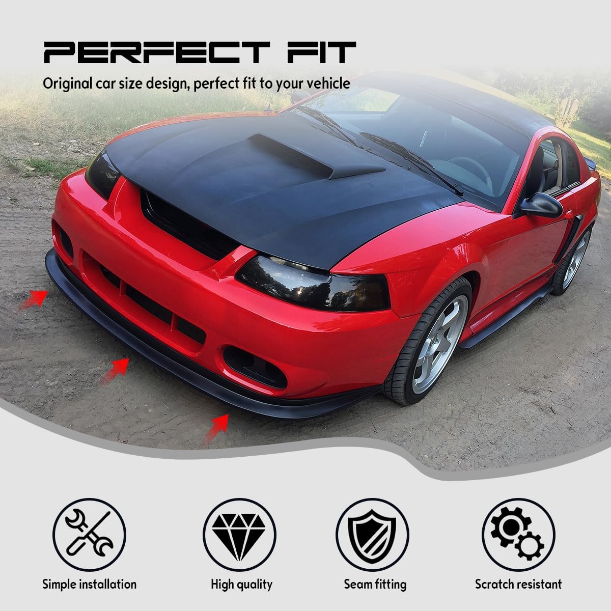 Front Bumper Lip Chin Spoiler, Compatible with 1999-2004 Ford Mustang, MDA Style Flexible Polyurethane(PU) Front Lower Splitter Protector, Unpainted Black
