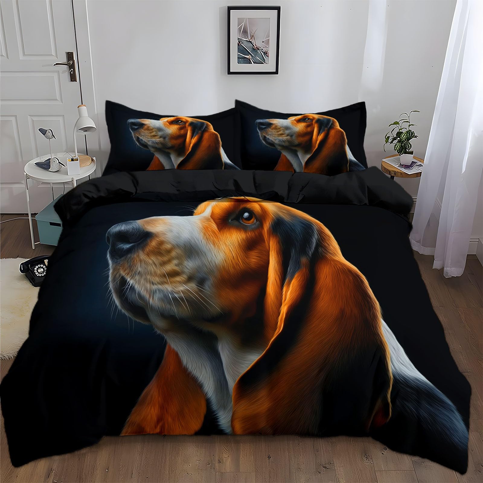 Czarna poszwa na kołdrę 240 x 220 z 2 poszewkami na poduszki 65 x 65 cm, surrealistyczny portret basset hound komplet pościeli dla dorosłych - 100% mikrofibra komplet pościeli dla 2 osób