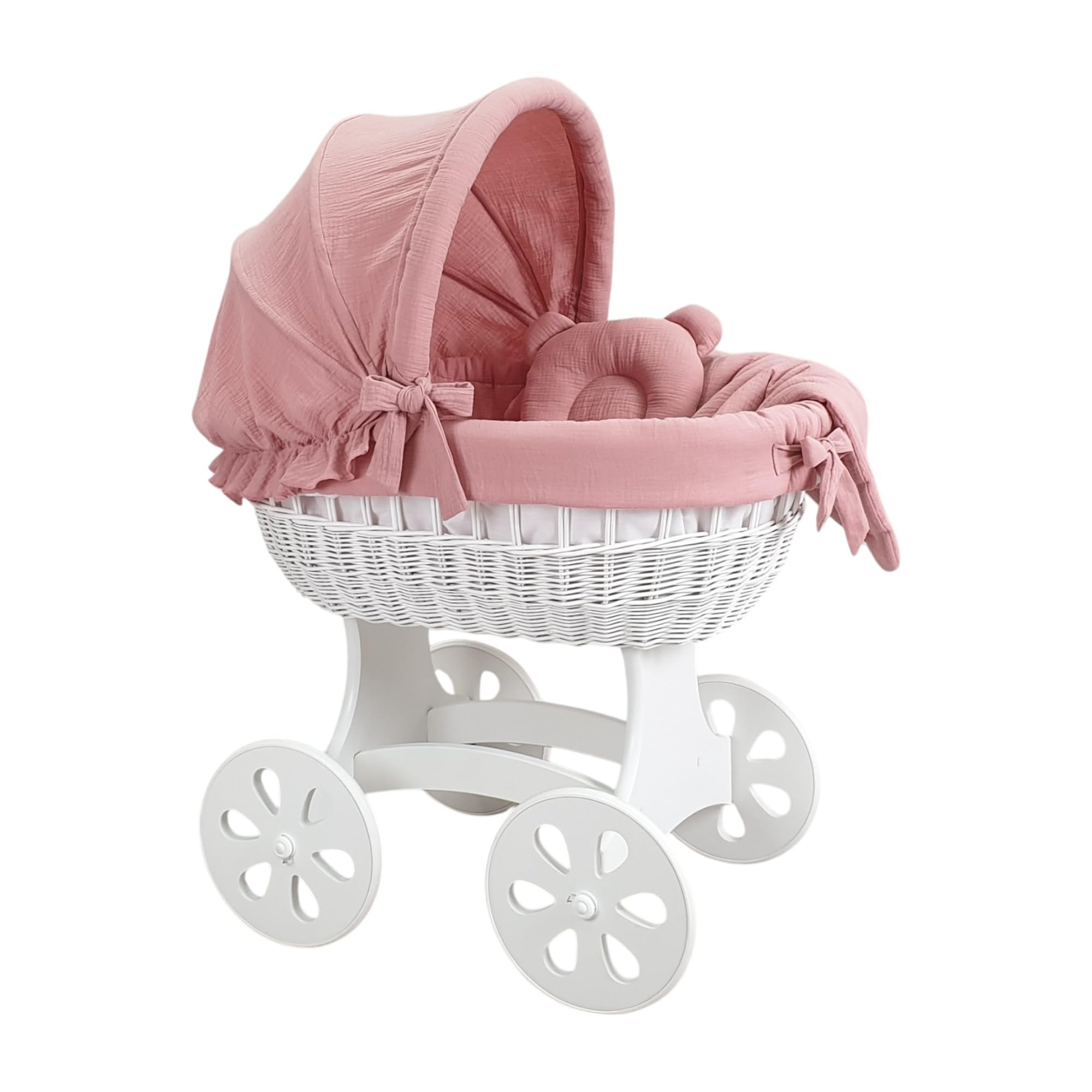 Wiklinopol Moisés de Mimbre para Bebé con Soporte de Madera y Ruedas Annabell – Cuna con Colchón y Ropa de Cama 5 Piezas Muselina Rosa – Cochecito Blanco para Recién Nacido