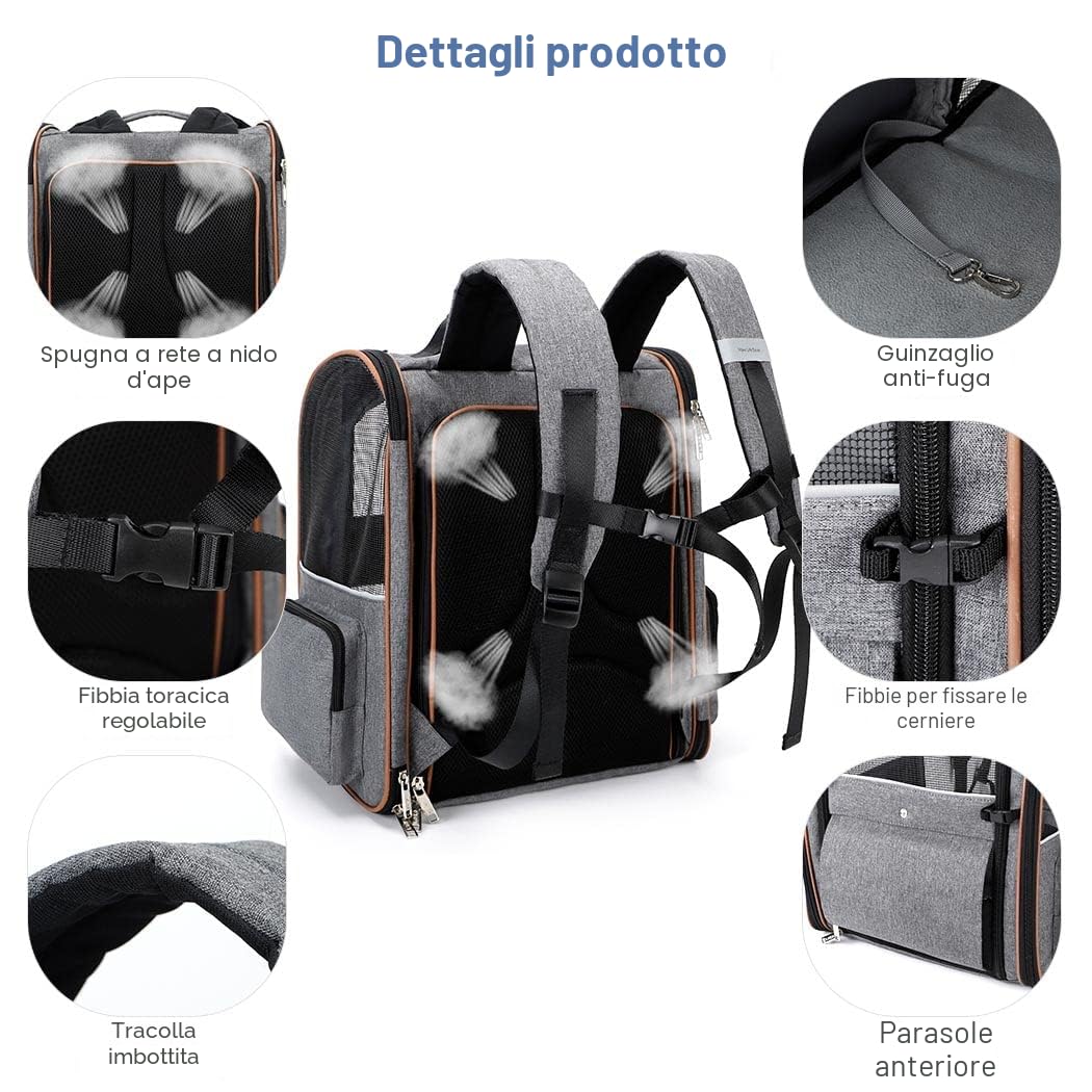 Zaino per Cani Gatti Grande Porta Animali Espandibile Per Cani Piccoli Gatti Medi Fino a 8 KG, con 4 ingressi Zaino Traspirante Porta Cuccioli Pieghevole Per Viaggi, Escursioni, Grigio