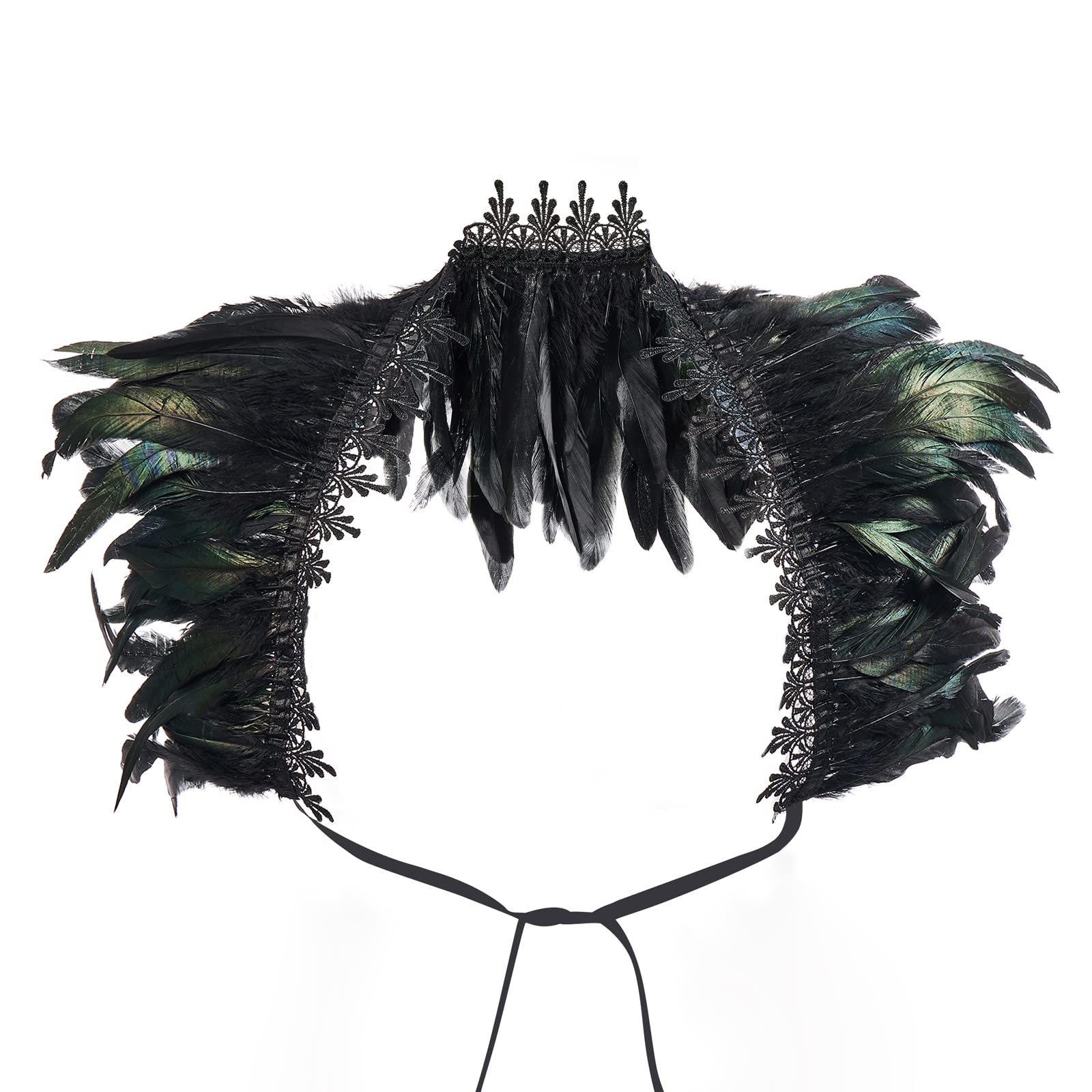 Niceyoeuk Women Natural Feather Cape Maleficent Costume Gothic Lacing Shawl Shrug Collar Feather Cape for Halloween Cosplay Christmas Party (Black Lace, One Size)