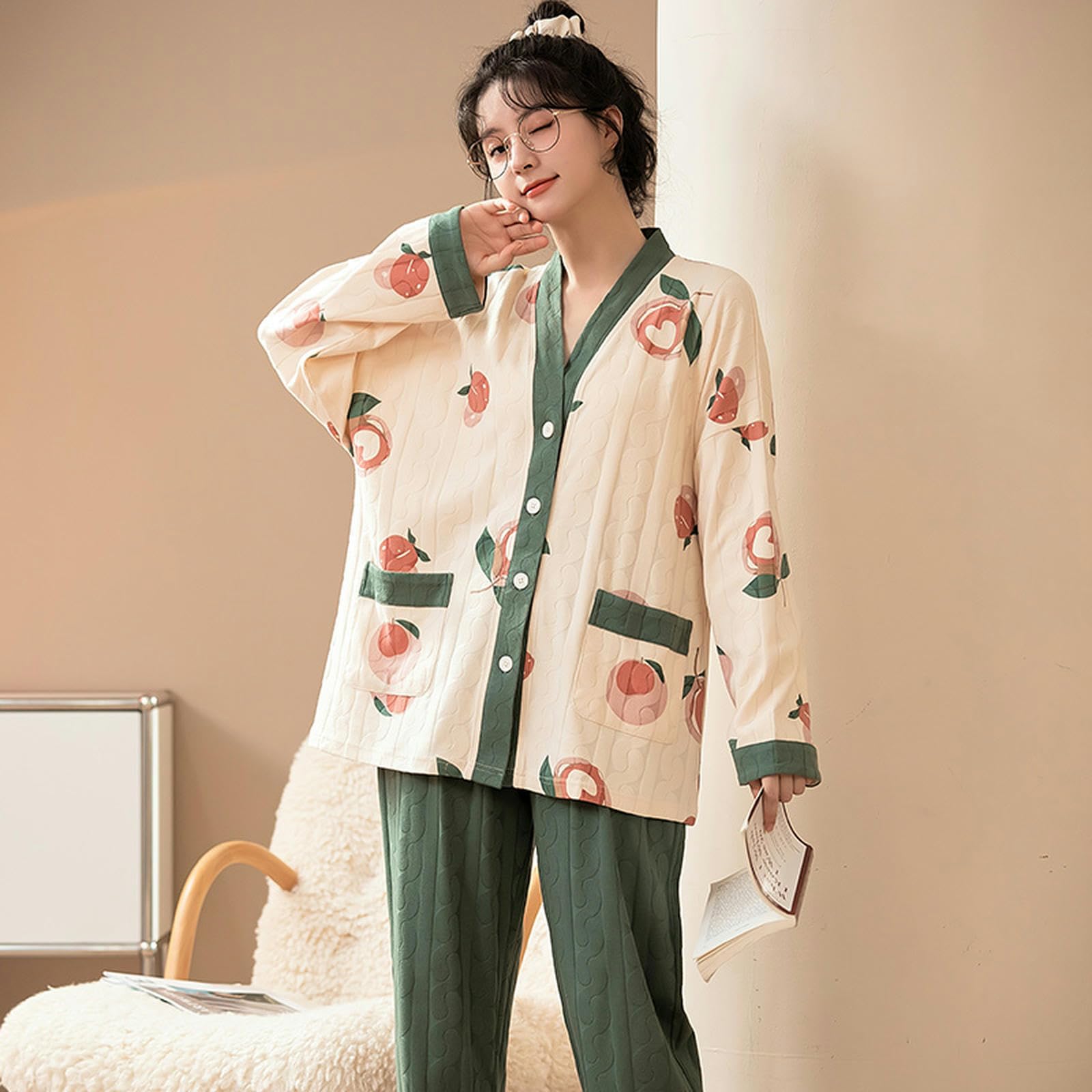 NOGRAX Pijama Conjunto De Pijamas De Manga Larga De Algodón para Mujer, Pijamas Femeninos Suaves Y Sueltos con Cuello En V, Otoño E Invierno