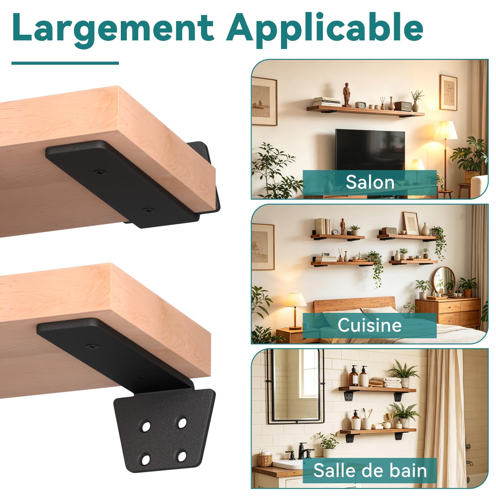 Lot de 6 Equerre Etagere Murale 25cm, Support Etagere Noir