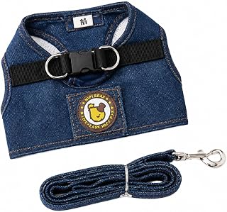 Lightweight Denim Dog Harness and Leash Set, Breathable Vest Style Walking Lead, Hook and Loop Closure with Metal D Rings, Blue Pet Gear for Small and Medium Dogs